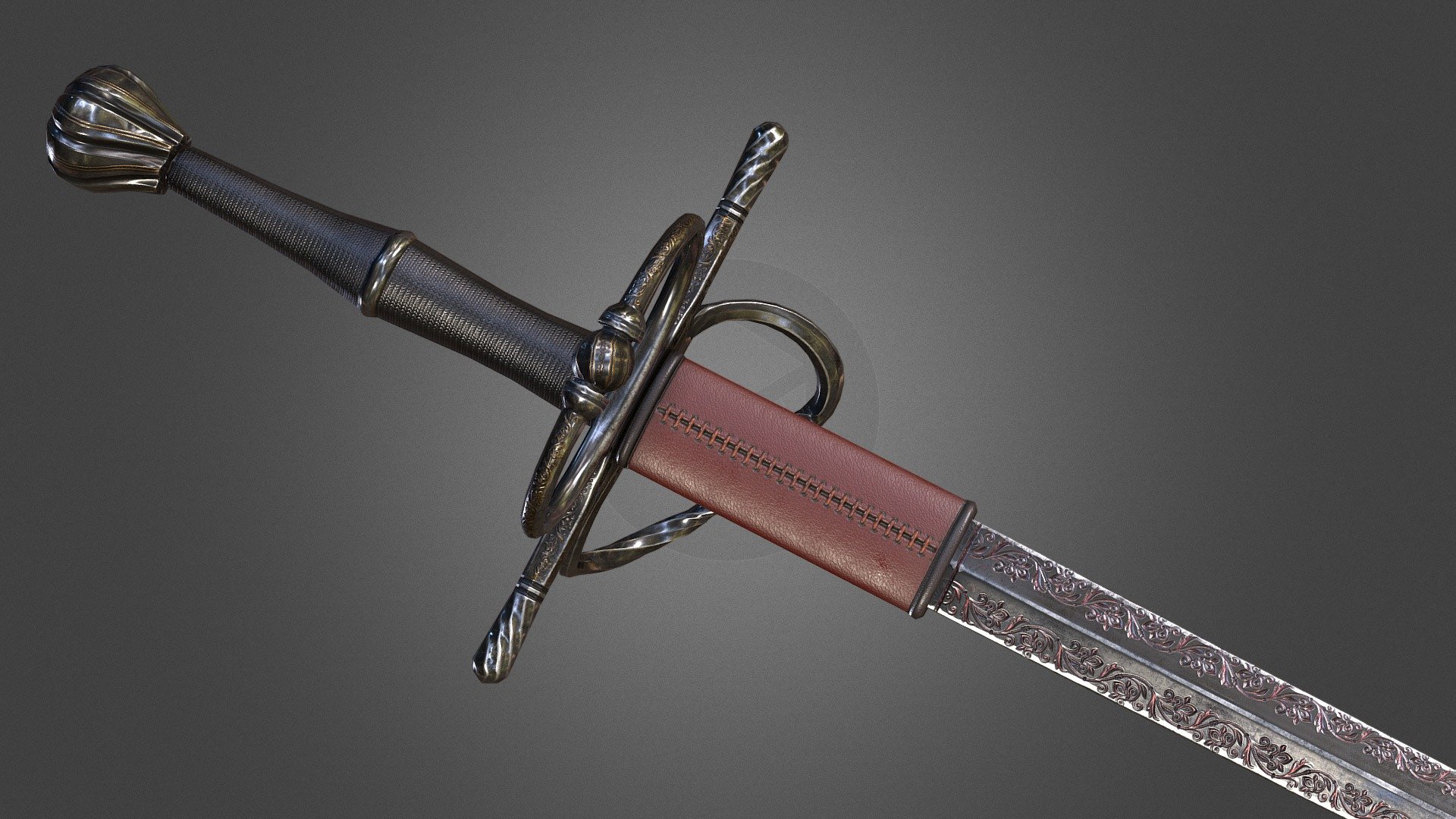 Maya Files and Unreal Texure included upon purchase

A prestige bastard sword.125cm in length, one or two-handed.

The blade is especially narrow but thick compared to other bastard sword variants, supported by its red leather foregrip, making it an ideal thrusting weapon.

Floral-shaped Pommel with golden lining, steel cord handle, alongside a twisted steel guard.

The inscription on the blade says: Light to drive away the darkness, and darkness to shield the light in Italian.

Dark-red Flame-like vines are indented upon the blade, marking its family history of fire and thorn.

Did somewhat extensive study of Italian sword aesthetic to make sure I don't stray too much from the path.

Our twitter: https://twitter.com/ArmoredInterac1

You can also send me a commission if you want something done! - Deadland Series_12_Constantine - Buy Royalty Free 3D model by Armored Interactive (@ychiang6) 3d model