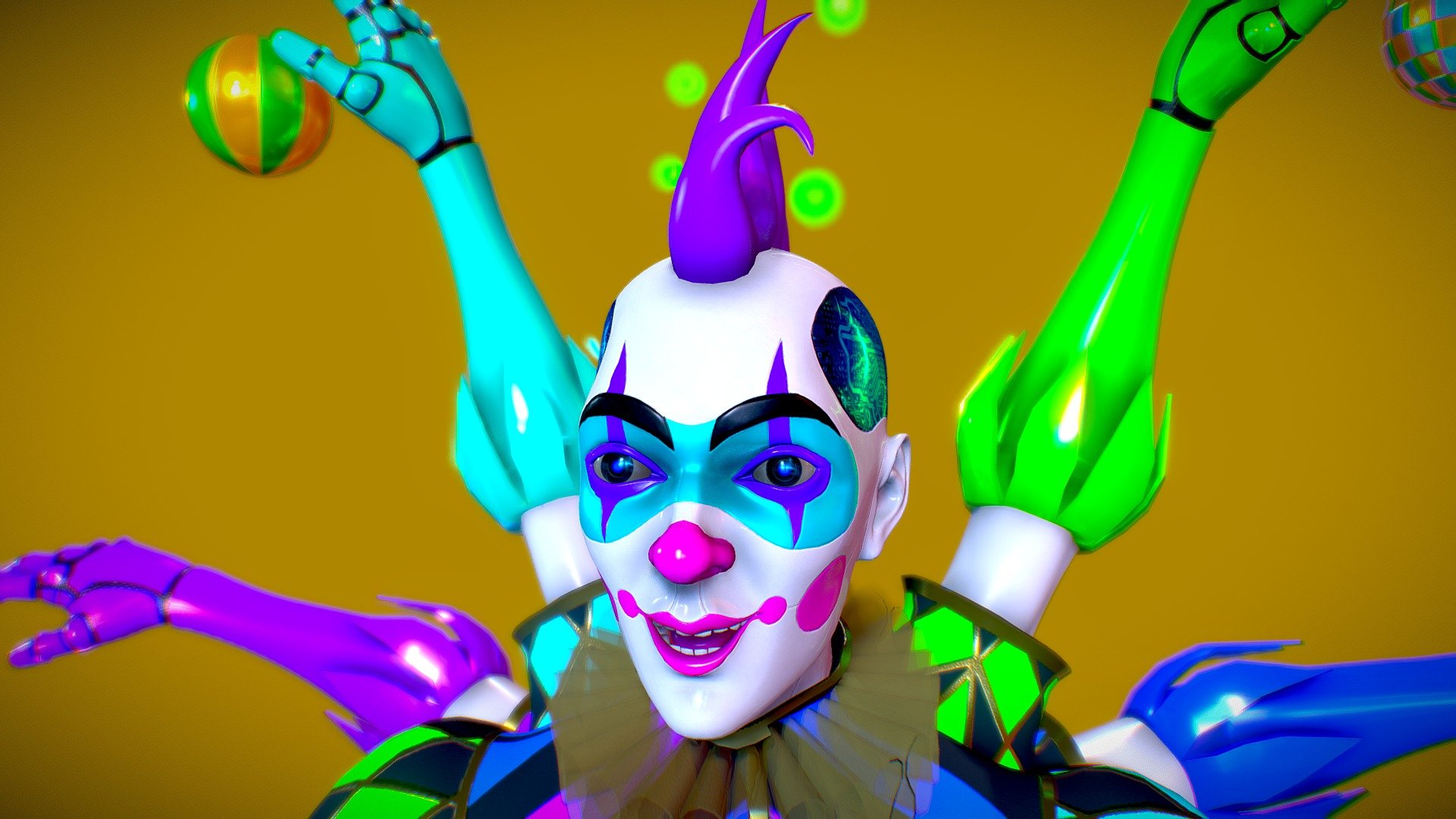 Hi guys, I loved to make this character, It was sculpted within Zbrush, retopologized in Maya and textures where painted within substance, hope you like it. I looked for much references of clowns, harlequins, cyberpunk aesthetics, and his face was very influenced by the Ghost In The Shell Geisha. ;) - Sci Fi - Clown - 3D model by AndrewMZcroft 3d model