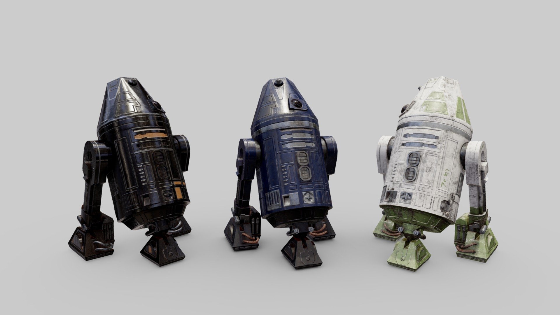 A low poly R4 droid, as seen in the background of many Star Wars movies. The black and dark blue colorschemes are based on background droids seen on the 1st and 2nd death stars, and the white/green is just a generic one. Very low poly. Not rigged but the different parts are parented correctly for easy posing. 

These are probably 85% accurate, not really detailed enough to be a hero asset, but certainly worthy of populating a scene, either in realtime or as a background character 3d model