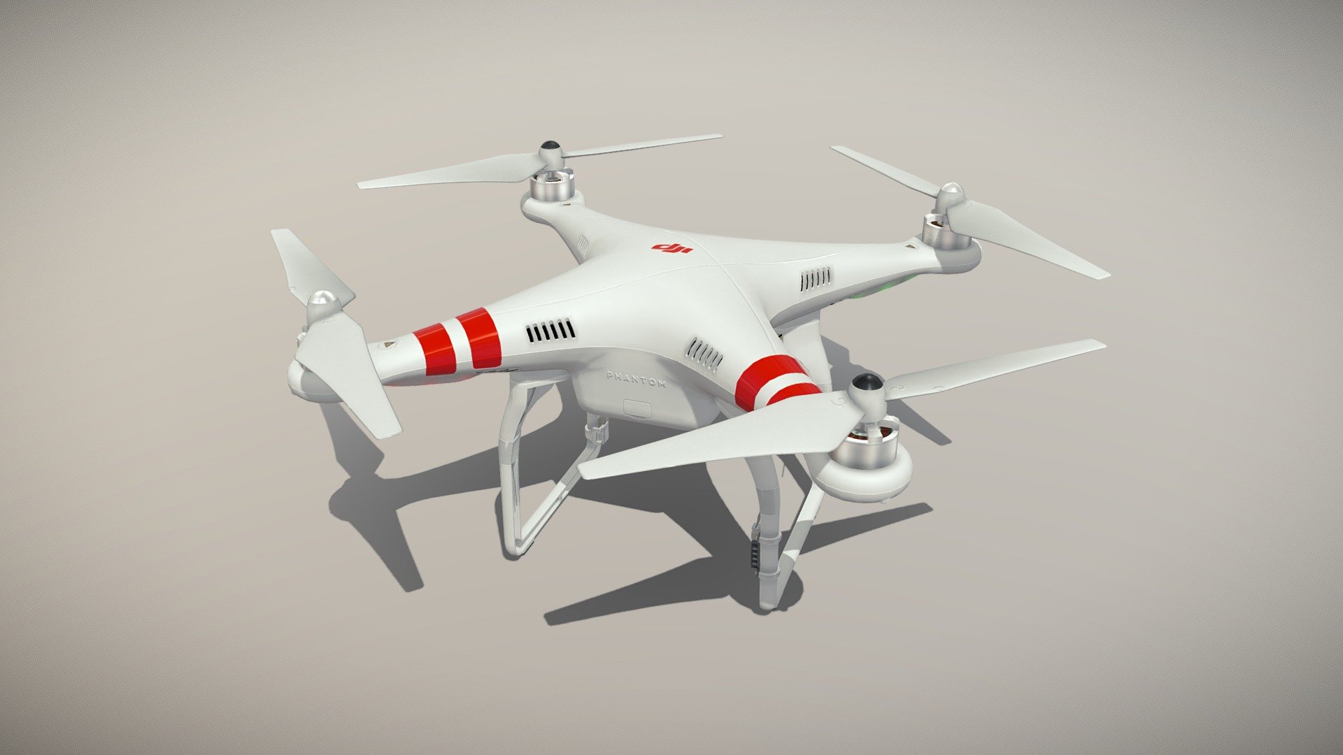 •   Let me present to you high-quality low-poly 3D model DJI Phantom 2 Quadcopter platform without camera.  Modeling was made with ortho-photos of real quadcopter that is why all details of design are recreated most authentically.

•    This model consists of a few meshes, it is low-polygonal and it has only one material.

•   The total of the main textures is 5. Resolution of all textures is 4096 pixels square aspect ratio in .png format. Also there is original texture file .PSD format in separate archive.

•   Polygon count of the model is – 11852.

•   The model has correct dimensions in real-world scale. All parts grouped and named correctly.

•   To use the model in other 3D programs there are scenes saved in formats .fbx, .obj, .DAE, .max (2010 version).

Note: If you see some artifacts on the textures, it means compression works in the Viewer. We recommend setting HD quality for textures. But anyway, original textures have no artifacts 3d model