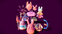 Splash Art Bunny Island tower, wizard, bunny, grass, cute, ninja, animals, prop, bow, gamedesign, island, defense, archer, bunnies, carrots, game, art, design, animal
