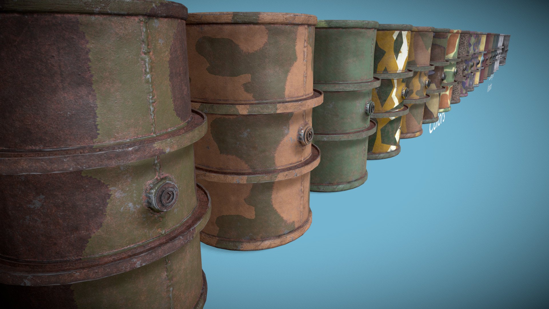 World War 2 Oil Barrels typical of the design used by the European (especially Axis) armies during the conflict. A large variety of textures and camo schemes are included.

Additional files zip includes all uncompressed PNG files as well as a alternate version with differently weighted normals and slightly altered geometry for optimal cycles rendering 3d model