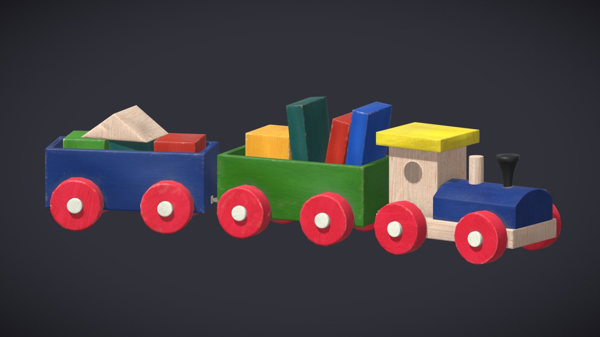 Includes 2 Blender collections: Train (2188 tris) and Blocks (96 tris)




engine and 2 wagons are separate

objects are parented so that engine moves everything and first wagon moves second wagon

wheels have a driver that rotates them when the parent moves

the train is positioned - to achieve neutral pose, select each wagon and clear rotation

Textures




two sets of 2k textures (train, blocks): baseColor, normal, roughness

Extras




Mesh maps baked in Substance Painter (AO, curvature, normal base, position, thickness) - please note that some of the blocks have minor baking artifacts that were fixed in the textures manually

2 FBX files (high and low poly)
 - Wooden Toy Train - Buy Royalty Free 3D model by Katerina Novakova (@KaterinaNovakova) 3d model