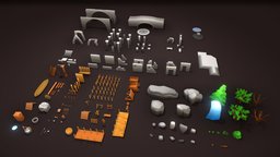 Assets Pack trees, fence, ruins, stairs, barrel, bench, brick, fountain, rack, column, planks, props, nature, barricade, cliffs, lowpoly, wood, rock, modular, bridge, environment, wall, color-scheme