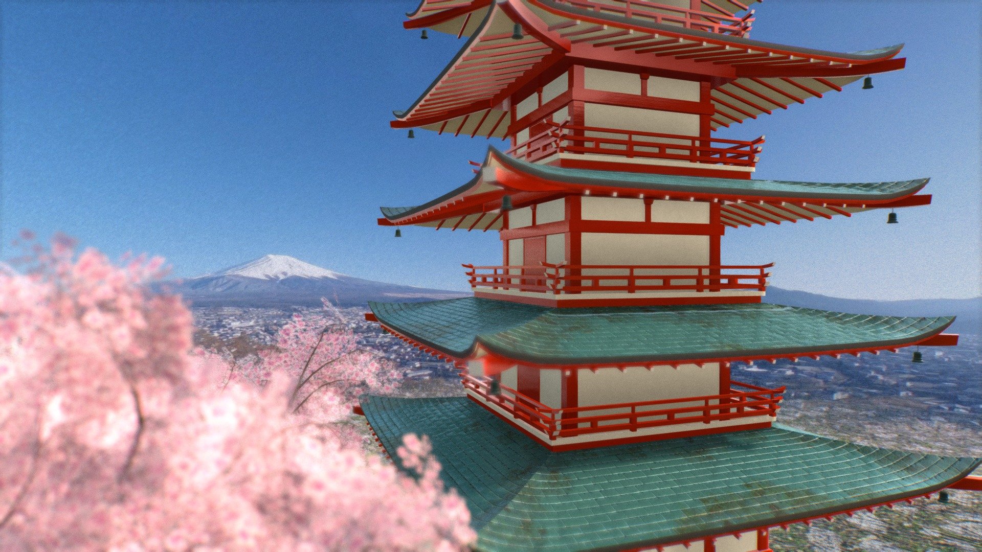 Obj, glb, blender formats attached.

Iconic pagoda on a hilltop facing Mt. Fuji in Arakurayama Sengen Park, reached via 398 steps.

3353-1 Arakura, Fujiyoshida, Yamanashi 403-0011, Japan
https://goo.gl/maps/1jFnr3WfDCyHskXD8

The Chureito Pagoda (忠霊塔, Chūreitō) is a five storied pagoda on the mountainside overlooking Fujiyoshida City and Mount Fuji off in the distance. The pagoda is part of the Arakura Sengen Shrine and was built as a peace memorial in 1963 nearly 400 steps up the mountain from the shrine's main buildings.

The location offers spectacular views of Mount Fuji in combination with the pagoda, especially during the cherry blossom season in mid April when there are hundreds of trees in bloom and during the autumn color season which usually takes place in the first half of November. The spot is particularly popular among photographers as it allows for some wonderfully stereotypical shots of Japan.

忠霊塔 - Chureito Pagoda  忠霊塔 3Dモデルのダウンロード - Buy Royalty Free 3D model by VRA (@architect47) 3d model