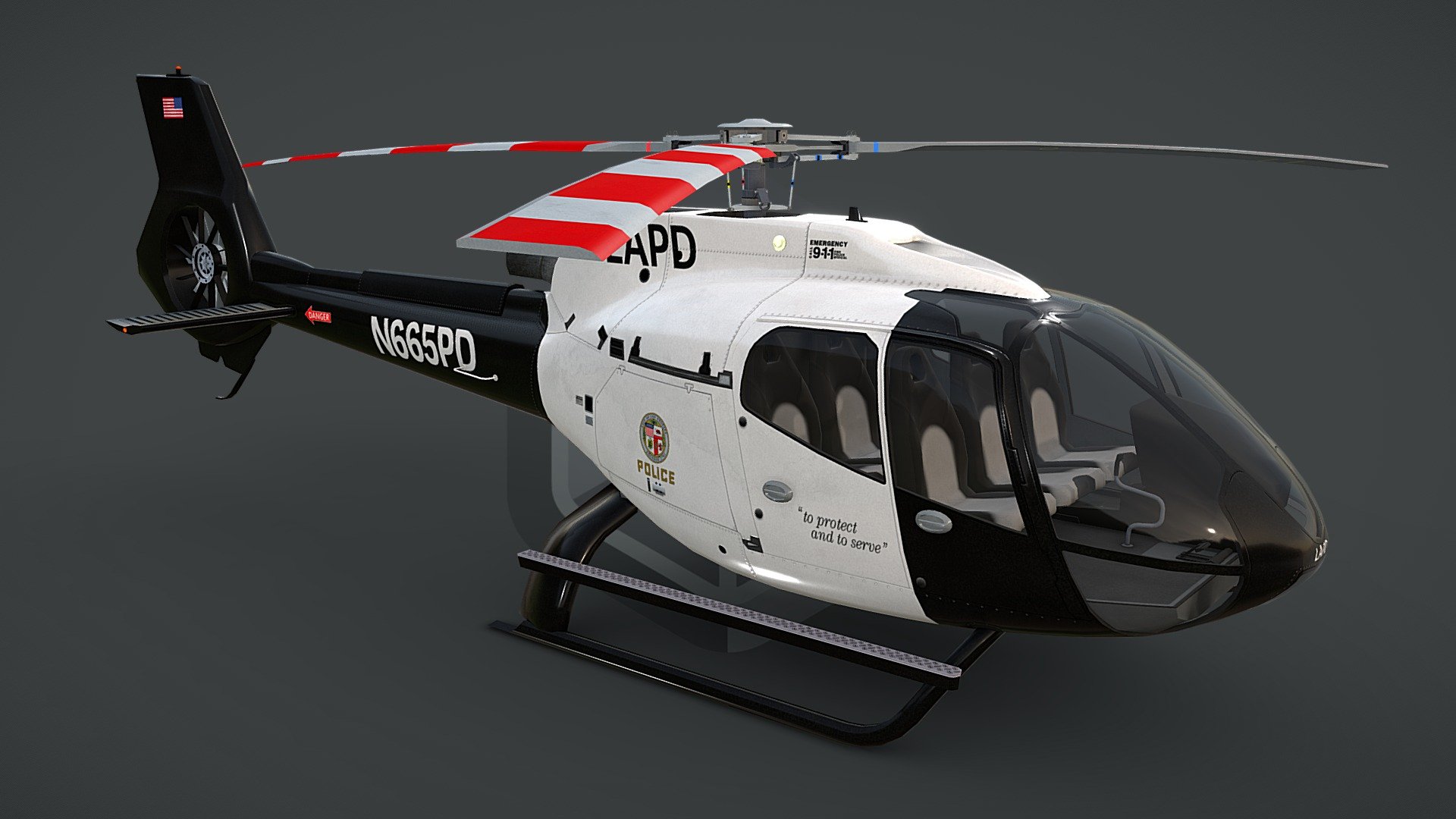 game ready, realtime optimized game asset

unique livery and branding

both PBR workflows ready

LOD0 is HQ lowpoly with bended top rotor, all lights objects and interior

LOD0 19710 tris, LOD1 10462 tris, LOD2 7388 tris, LOD3 5990 tris

100% triangulated and 100% unwrapped non-overlapping

5 x uv layouts, body, HQ rotors, LQ rotors, interior, lights

made using blueprints, real world scale meters

all rotors detached and animable in each LOD with properly placed pivots for flawless animations

hideable capsule built interior that fits perfectly the body

interior is simple but a great basis for further elaboration

big textures pack with native 4096 x 4096 px textures for body, rotors, interior

LOD3 rotors have own textures with blades on alpha channel

light objects have own, small, textures, and contain an emission map

pack contains native .max scene, created in 3dsmax 2014

pack contains clean and flawless FBX and OBJ files

each LOD and all LOD together exported in each file format
 - LAPD Helicopter EC130-H130 Livery 18 - Buy Royalty Free 3D model by CGAmp 3d model