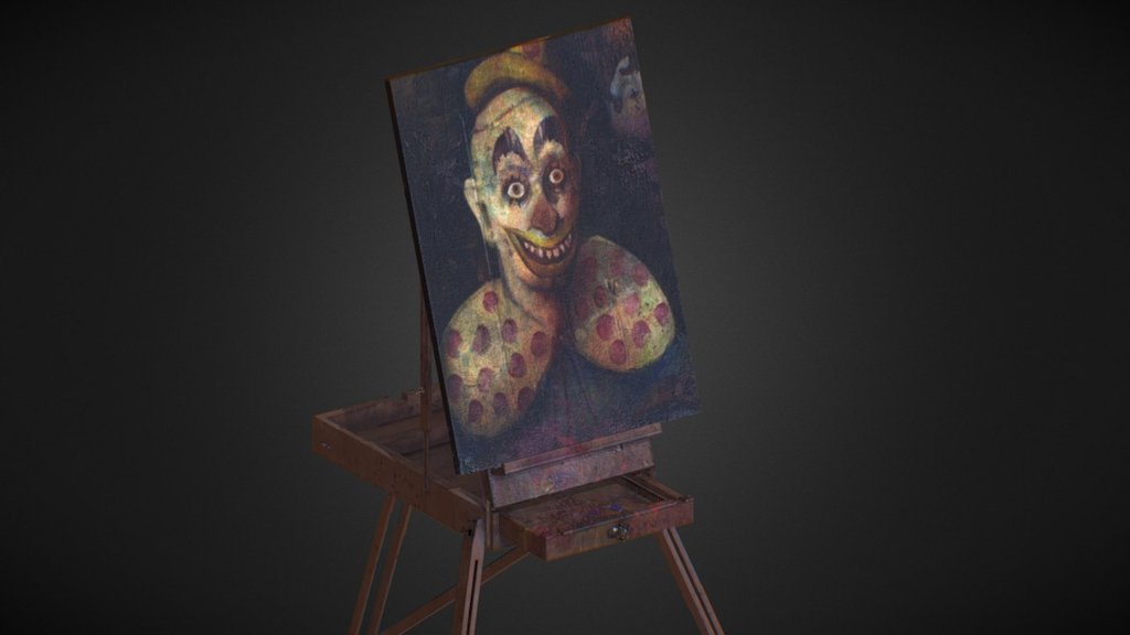 A demented clown and art easel, created for a university project.
This was to be placed in an abandoned mental asylum, real-time game environment 3d model
