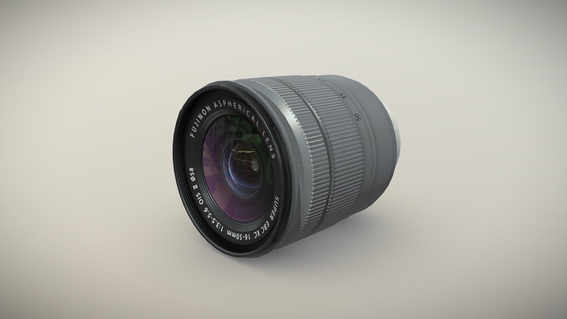 •   Let me present to you high-quality low-poly 3D model Fujifilm Fujinon XC16-50mm f/3.5-5.6 OIS II Lens. Modeling was made with ortho-photos of real lens that is why all details of design are recreated most authentically.

•    This model consists of two meshes, it is low-polygonal and it has three materials (Lens body and Glass of Lens).

•   The total of the main textures is 4. Resolution of all textures is 4096 pixels square aspect ratio in .png format. Also there is original texture file .PSD format in separate archive.

•   Polygon count of the model is – 3712.

•   The model has correct dimensions in real-world scale. All parts grouped and named correctly.

•   To use the model in other 3D programs there are scenes saved in formats .fbx, .obj, .DAE, .max (2010 version).

Note: If you see some artifacts on the textures, it means compression works in the Viewer. We recommend setting HD quality for textures. But anyway, original textures have no artifacts 3d model