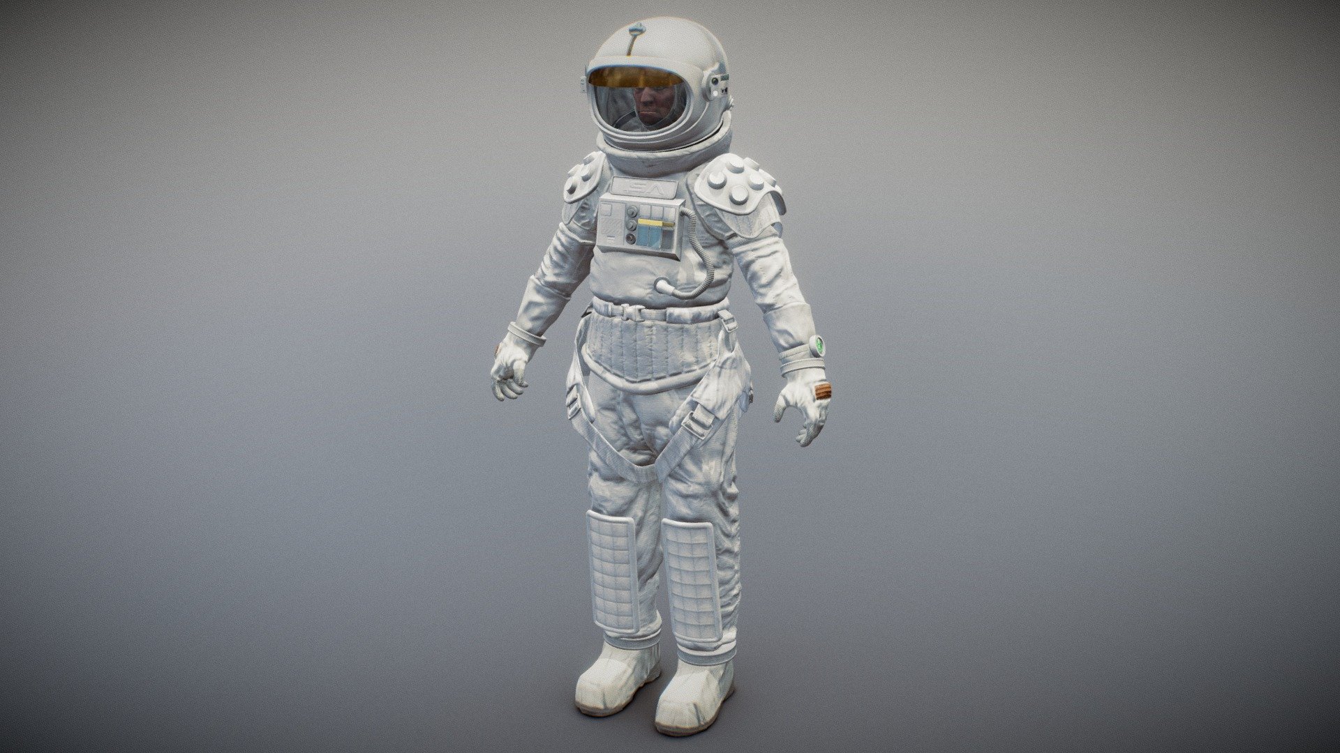 Human wearing sci-fi inspired scafander that allows to stay alive in the harsh environment of outer space 3d model