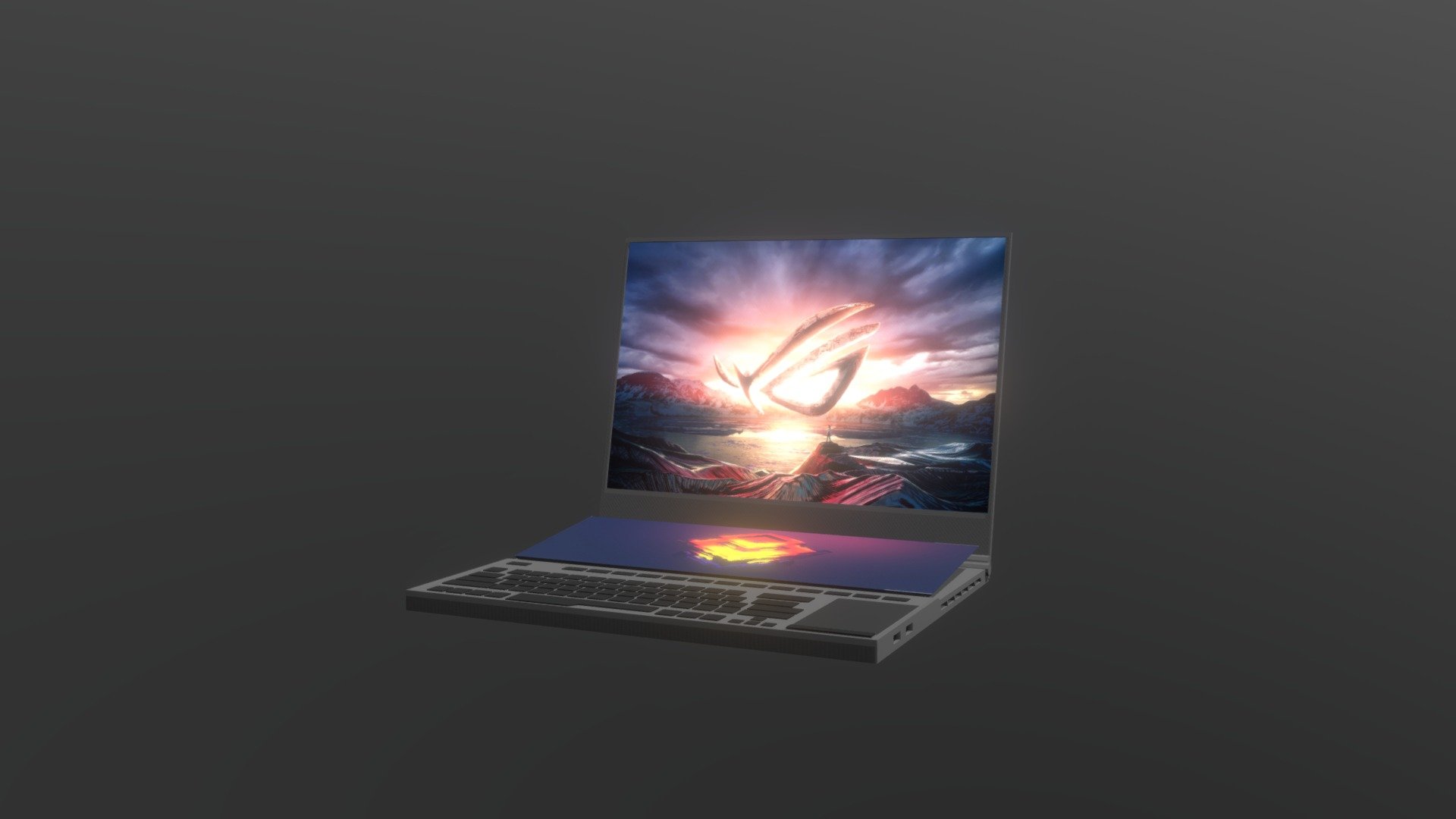 hi guys this is a low-poly and a low-detailed model of the new laptop from Asus, Rog Zephyrus Duo 15 laptop. this model is missing a lot of details but is good for low poly renders. the renders of this model is on my artstation portfolio, here's the link to the renders https://mkcg.artstation.com/projects/186EG3. i hope you like it, have a nice day 3d model