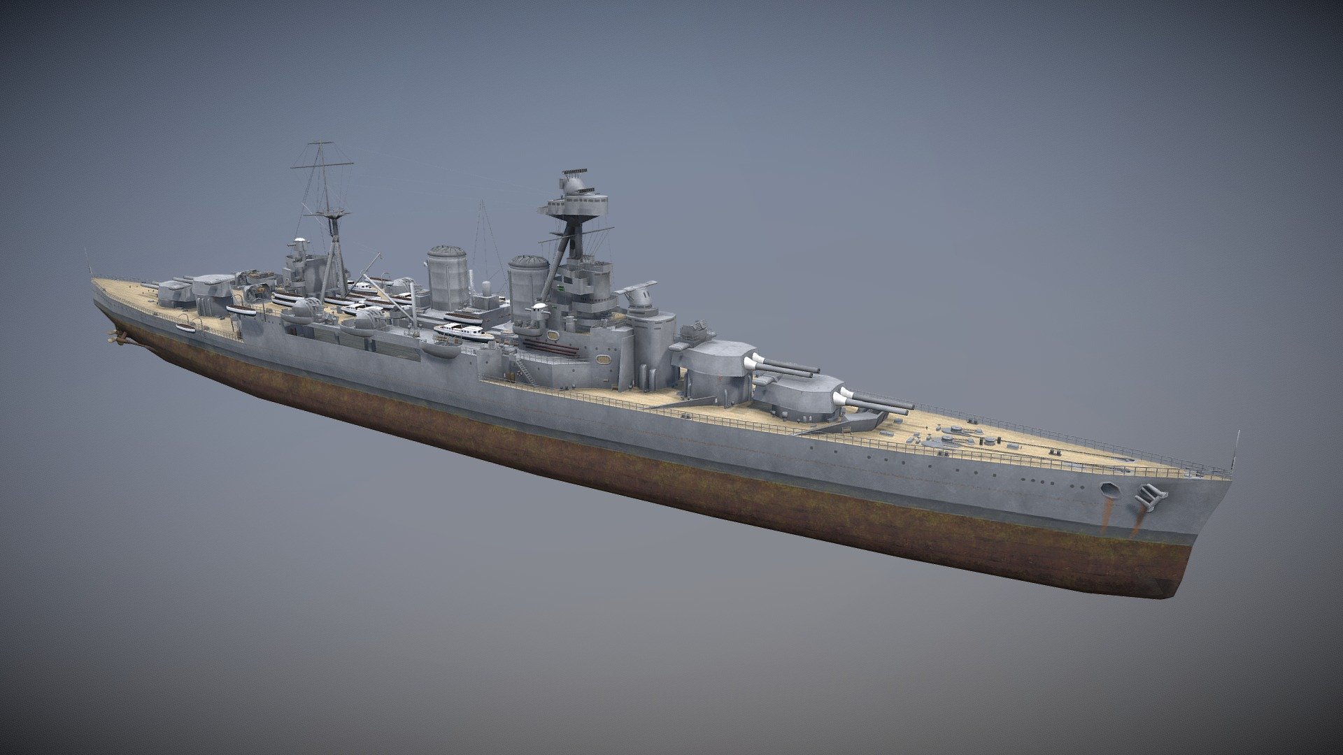The HMS Hood was a battlecruiser of the Royal Navy in World War 2. She was most famous for her participation in the destruction of the French fleet at Mers-el-Kebir and the Battle of the Denmark Strait, where she was sunk 3d model