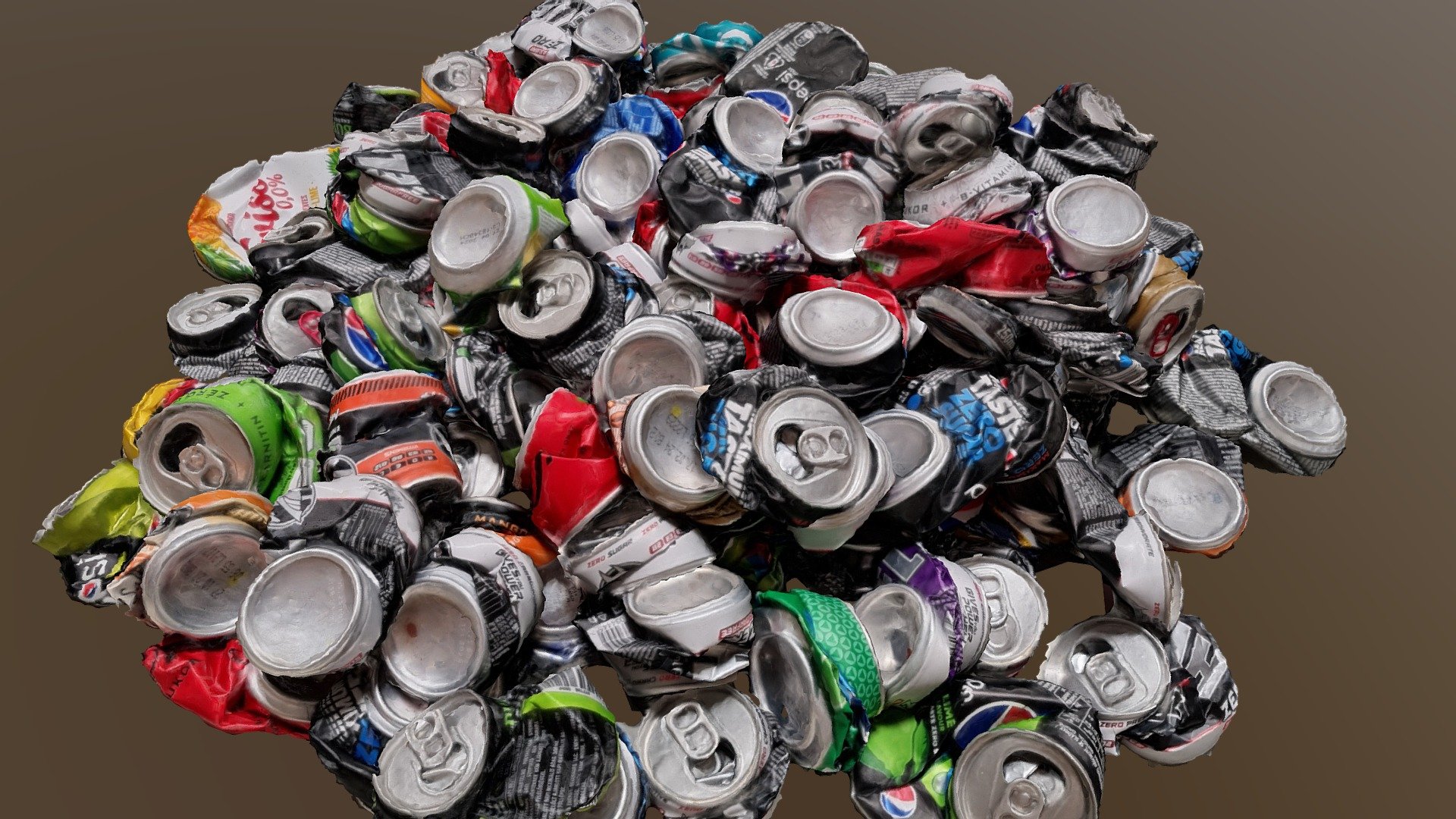 It's a big pile of aluminium soda cans that I take to be recycled. 
This quantity was collected over several months at my workplace.
Due to the quantity of soda cans, the quality of the scanning was medium 3d model