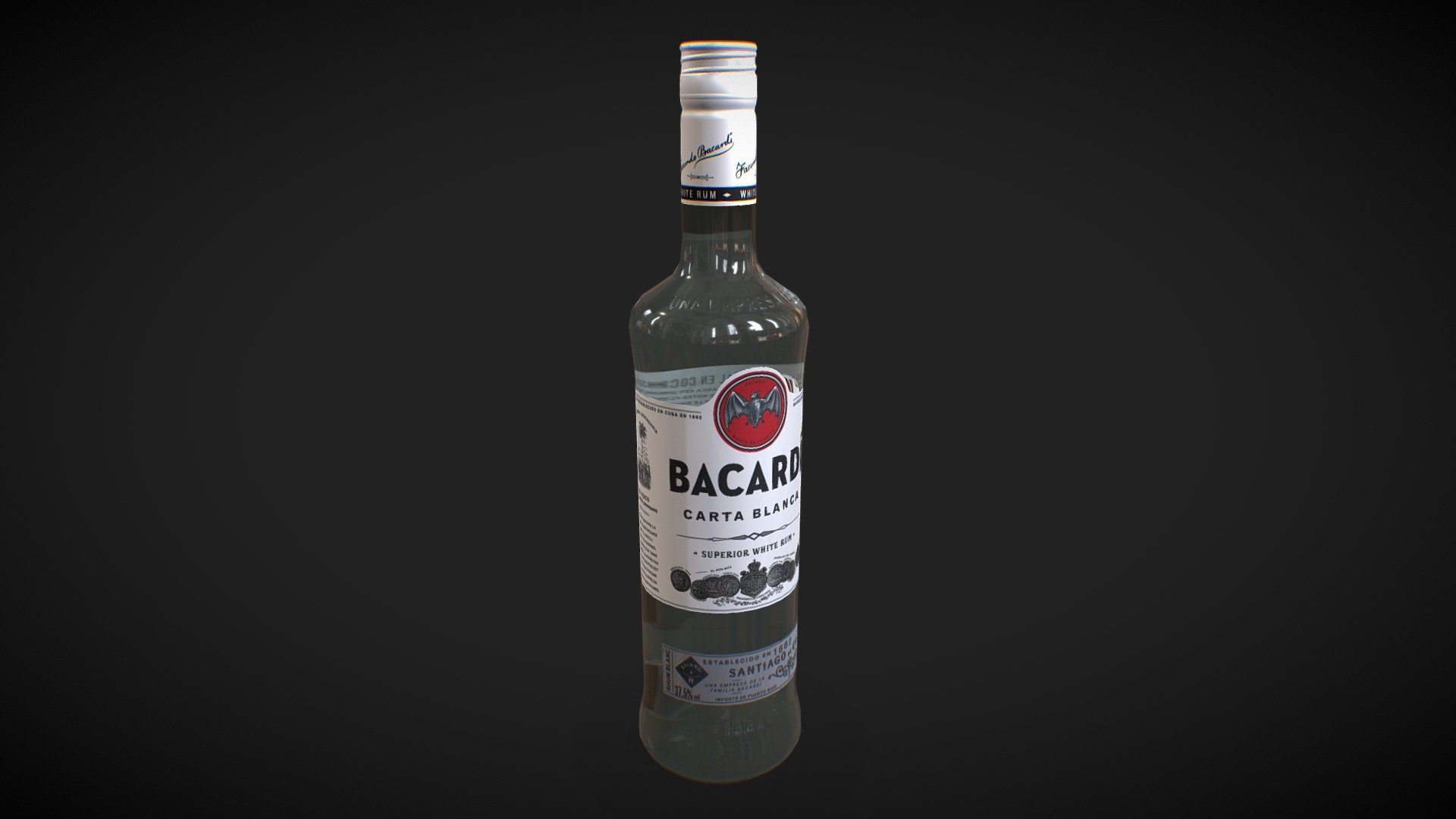 Make way for the Bacardi Carta Blanca bottle, a famous brand in the Mixology field, created in Cuba in 1862 by Don Facundo whose name can be found on the bottle's ring.
The labels enjoy a beautiful glossy effect and the bottle features many embossments including the iconic Bacardi brand bat on the back.

The story goes that the wife of the brand's founder, Doña Amalia Bacardi, once saw fruit bats (a species of fruit bat sometimes also called &ldquo;flying fox