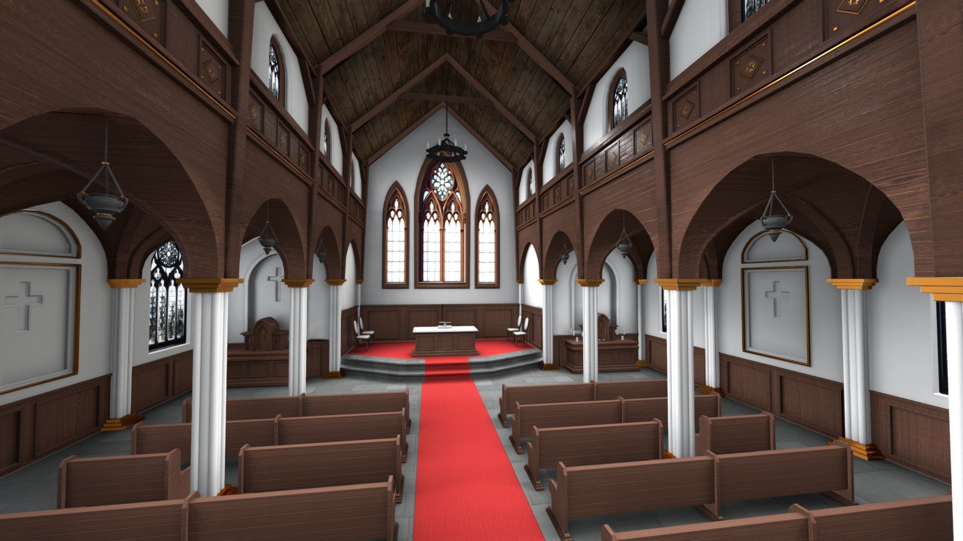 Cathedral with full gothic inspired interior and colonial exterior 3d model