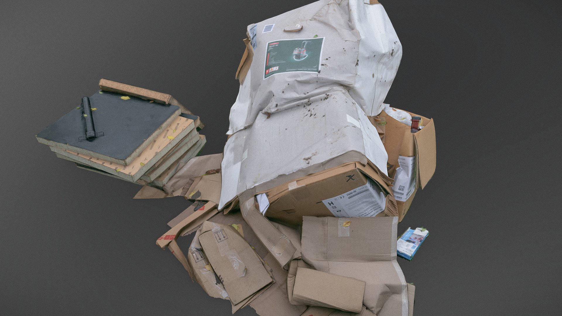 Cardboard paper package trash rubbish waste and some construction leftoover boards

photogrammetry scan (150 x 36MP, 3x8K textures) - Cardboard paper trash - Buy Royalty Free 3D model by matousekfoto 3d model