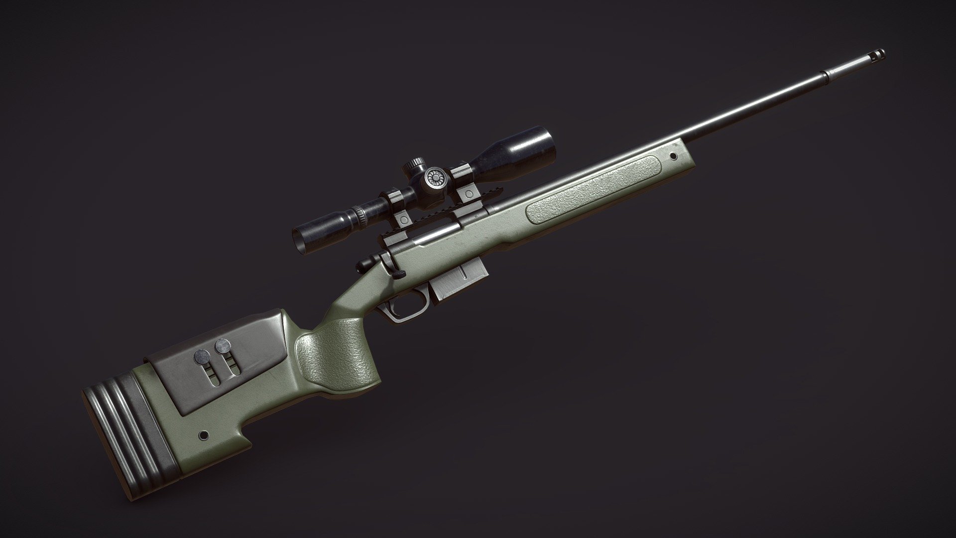 This model started as modeling exercise but evolved to full model. Modeling the weapon took three hours and the scope took maybe one hour. I used again substance painters auto uv mapper and i think i did okay job if you are using substance painter and dont do handpaiting 3d model