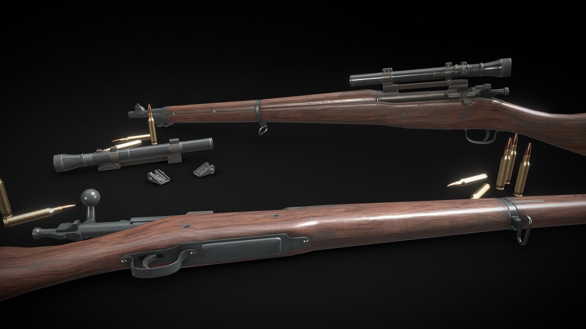Springfield 1903 or M 1903 is bolt-action rifle use by U.S army in WW1 and WW2. this game model purposed for FPS but suitable for TPS and other project.
Model information :




available format : FBX, obj , and blend

Blend format already rigged (rifle+scope)

FBX and obj already in separated part for rigging

rifle (6,48cm X 111cm x 20,40cm) (3339 verts, 6095 Tris)

scope (2,99cm X 26 cm x 4,15cm) (1275 verts, 2264 Tris)

sight (2,58cm X 2,92cm x 1,44cm) (372 verts, 668 tris)

texture in png format

texture size: rifle(4096x4096), scope(2048x2948), sight(1024x1024)

Overlapping/mirror: bolt, trigger, and some part

pbr base(metal), cryengine, unreal engine, and unity texture in texture file /folder

note : notify me if you have issue with model 

TIP :
The model may appear more shiny in some render engine, tweak the roughness map for fix it. For best result (like in the image) set roughness to noncolourdata /uncheck Srgb in your render engine or increase the roughness by multiply it by 1,5 to 2 - Springfield 1903 sniper rifle - Buy Royalty Free 3D model by Michael Karel (@michaelkarel) 3d model