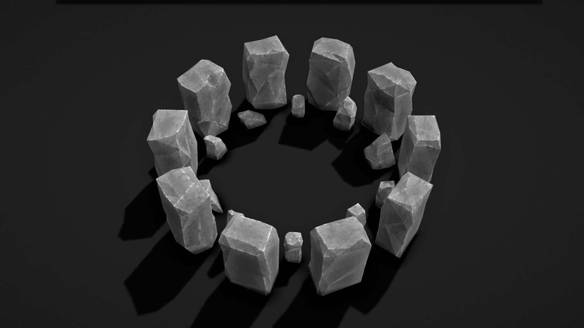 This is a pack of 20 Low-Poly Stones.

10 Big and 10 Small

All of these were Modeled and textured in blender Procedurally 3d model