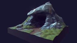 Cave in forest green, grey, sketch, cave, hand-painted