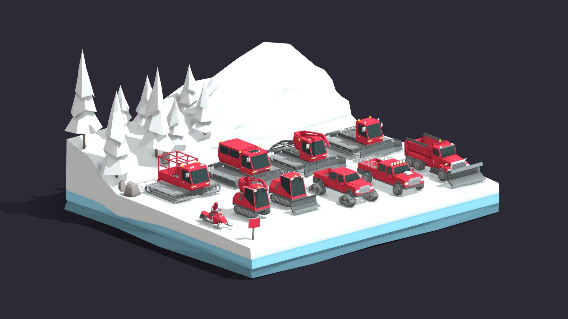 Cartoon Low Poly Snowcat Track Vehicle Asset Scene
Created on Cinema 4d R20
55 767 Polygons
Procedural Textured Easy to Edit
Game Ready, AR/ VR Ready
Asset include Truck, Ratrack Pasenger, Ratrack Snowcleaner, Jeeps, Snowbike
 - Cartoon Low Poly Winter Machines Pack - Buy Royalty Free 3D model by antonmoek 3d model