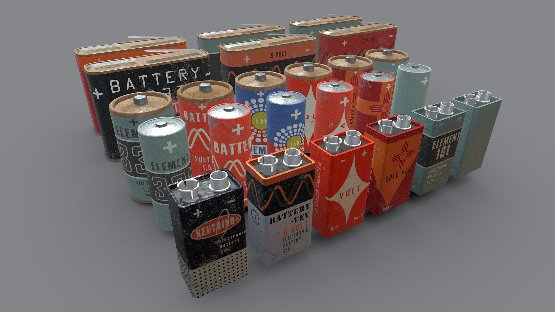 Battery vintag pack three sets of textures - new /used/ rust. 

PBR Metallic Roughness - Diffuse, Roughness, Metallic, Height and Normal maps 1024x1024 resolution in PNG.  

Pack included 4 battery size: Crona - 2x5x2.5cm/ CylAA - 1.8x6cm / CylAAA - 1.2x5.8cm / LBox - 2,6x6,8x8,8cm.

Every size 6 label design - Neutrino, VEV, Volt, GoldPeak, Element, Planeta, Clear. 

Every size and label set have three varition NEW / USED/ RUST.  

If you need  retexturing with  wish you can make request in pm!

Detailed Description Info: 3D Model Geometry: Quads/Tris Polygon Count: 19554 Vertice Count: 21222 Textures: Yes Materials: Yes Rigged: No Animated: No UV Mapped: Yes Unwrapped UV's: Yes Non-Overlapping Textures formats: PBR textures include Diffuse, Roughness, Metallic, Height and Normal maps 3d model