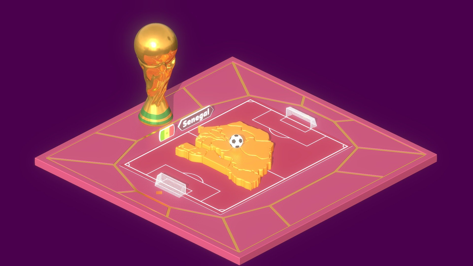 Stylized Senegal map in a World Cup small scenario with its iconic sport elements.

Made with Blender 3d model