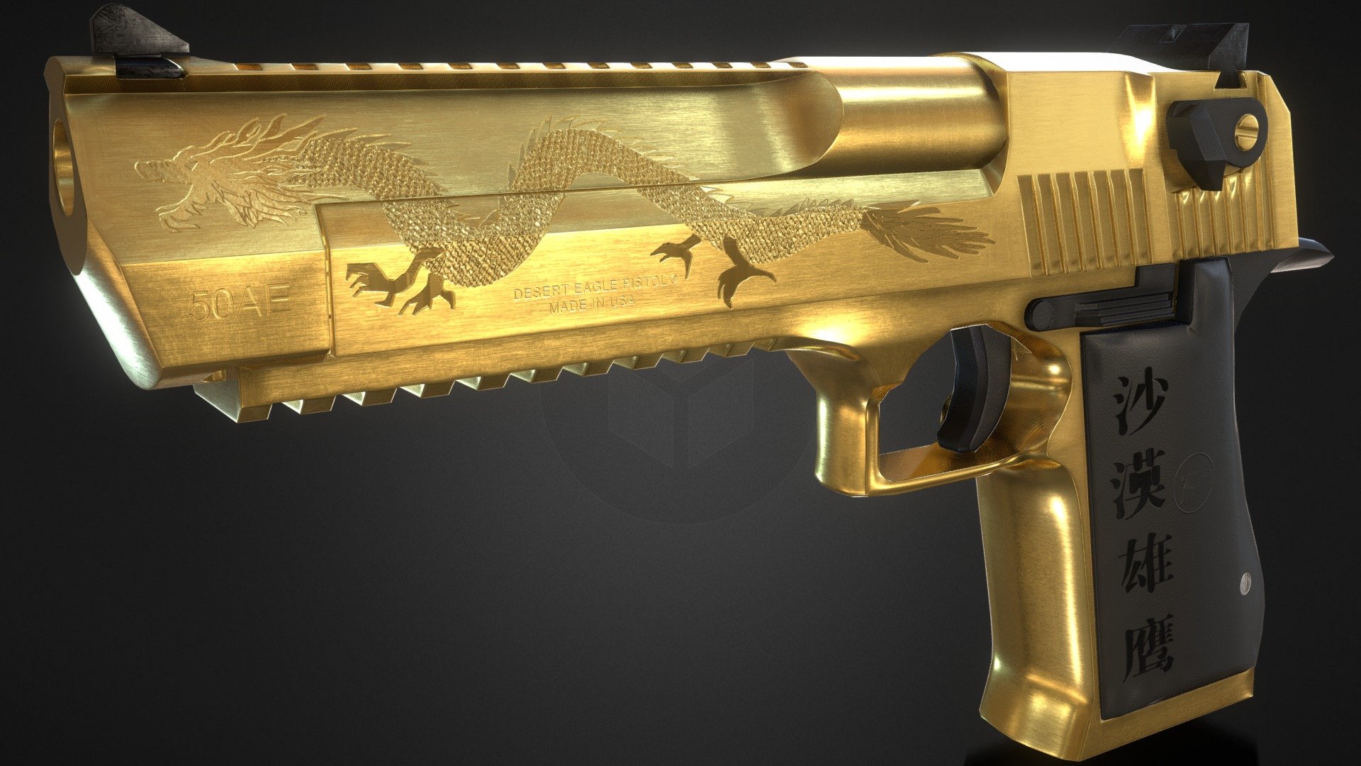 Golden Desert Eagle 3d model with chinese dragon engraving. Made with 3ds max and Substance painter 3d model
