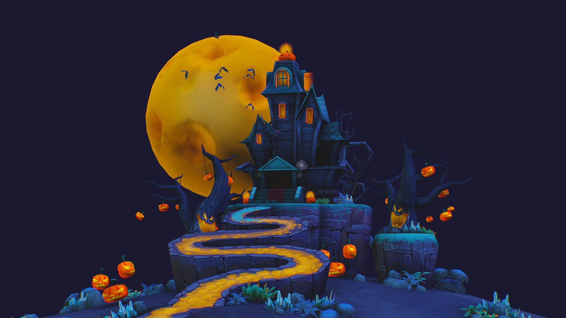 This is a vacancy for Dracula -  a haunted mansion.
The ghost trees with hanging pumpkin, and flying bat help environment in twilight ambience 3d model