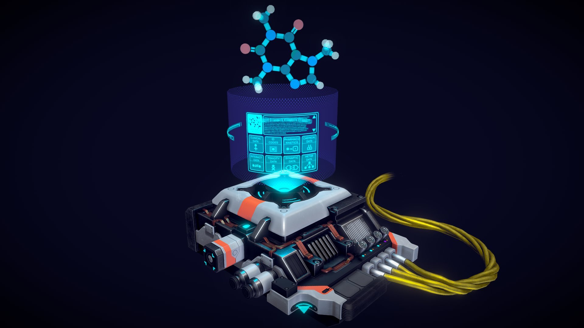 A futuristic themed piece of lab equipment, Modelled and animated in maya 2018, Textured in substance painter 2.

This is my first attempt at an animated model, love to hear your feedback! - Sci-Fi Analyzer unit - 3D model by Glennosaurus (@ghilby) 3d model
