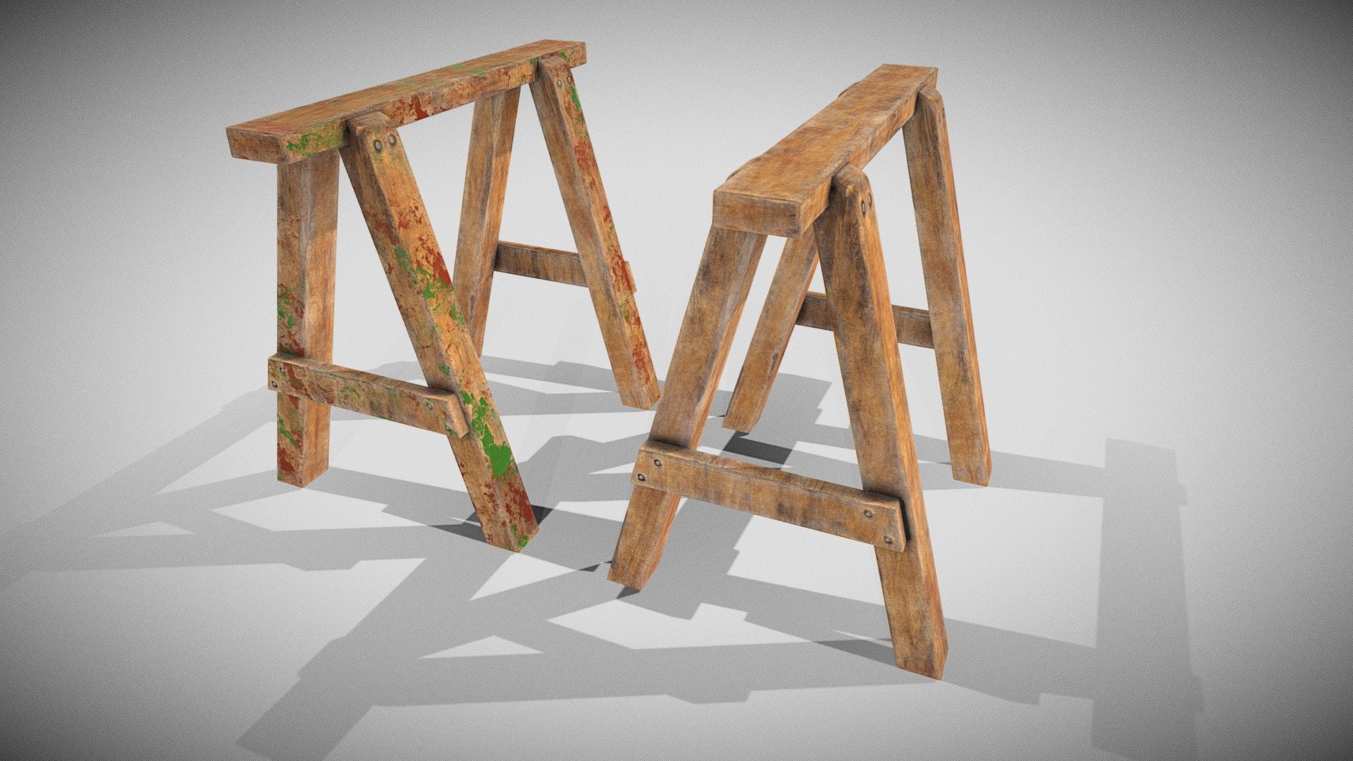 Wooden used saw horse, only differnce between both versons is one has splashes of paint on it.  Super handy prop to use in multiple environments. 

PBR textures @4k

if you have any requests get in touch 3d model