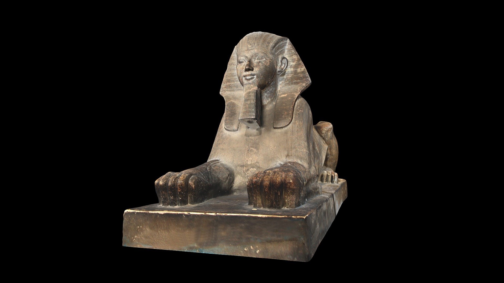 Date: New Kingdom, Eighteenth Dynasty, Reign of Hatshepsut (c. 1508 BCE–1458 BCE)
Provenance: Mortuary Temple of Hatshepsut at Deir el-Bahari, Thebes: West
Material: Red Granite
Current Location: Gallery R6, Egyptian Museum, Cairo, Egypt. 
INV. No. JE 53114 + JE 55191

Model courtesy of David Anderson, Department of Archaeology and Anthropology, University of Wisconsin-La Crosse (www.sketchfab.com/danderson4 and www.uwlax.edu/archaeology) - Granite Sphinx Statue of Hatshepsut - 3D model by ARCE 3d model