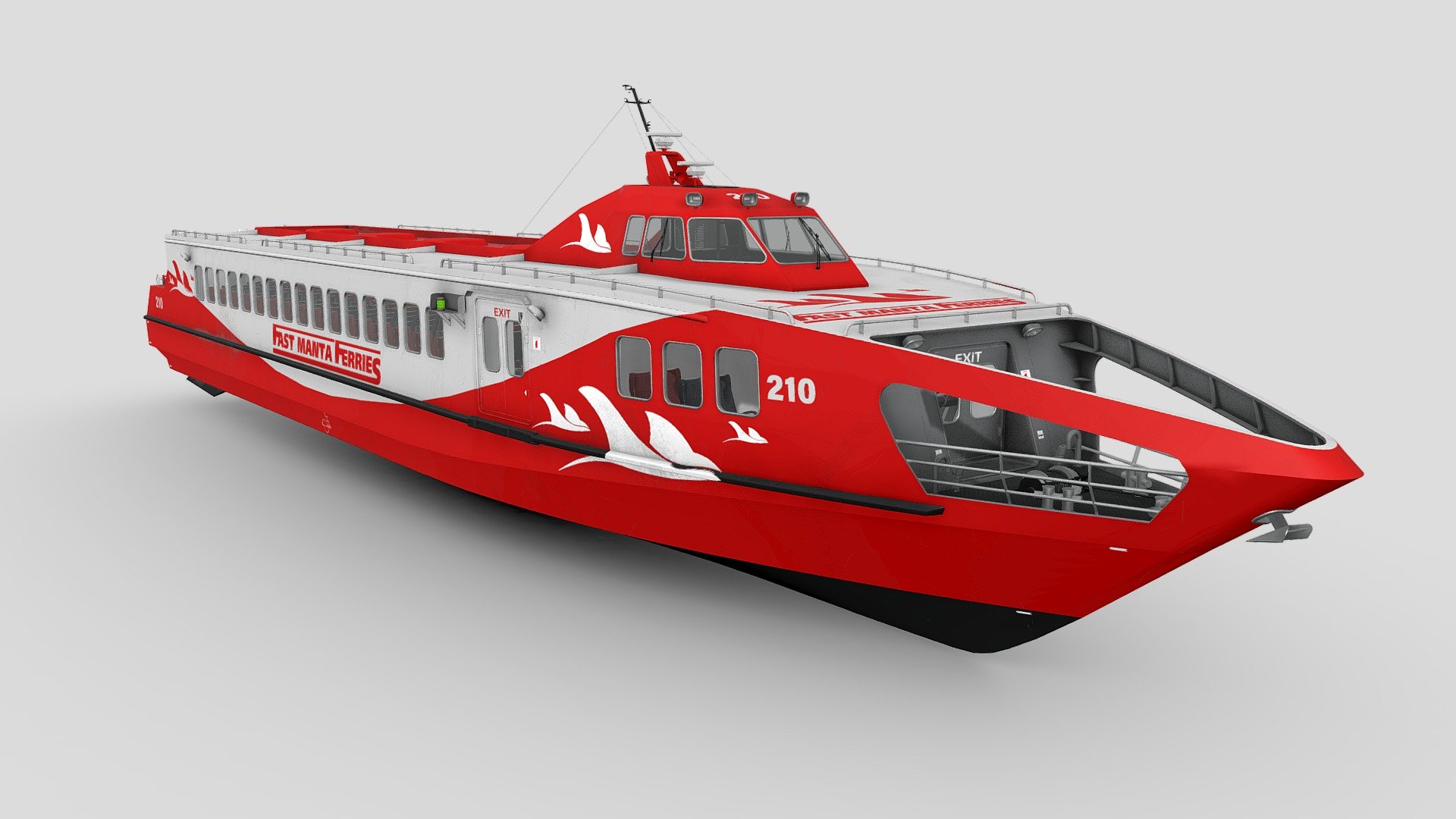 Highly detailed Fast Passenger Monohull Ferry. 
For distant and close angles. 
For visualization of animations and games. 
The Model has an original size.

Model formats: * .max . ma .fbx .obj .blend 
Fast Passenger Monohull Ferry Principal 
Dimension LOA 36.20 Meter 
Beam 7.50 Meter 
Draft 1.20 Meter 
Speed 32 Knots 
Passenger capacity 194 Perso - Fast Manta Ferrys - Buy Royalty Free 3D model by IgYerm (@IgorYerm) 3d model
