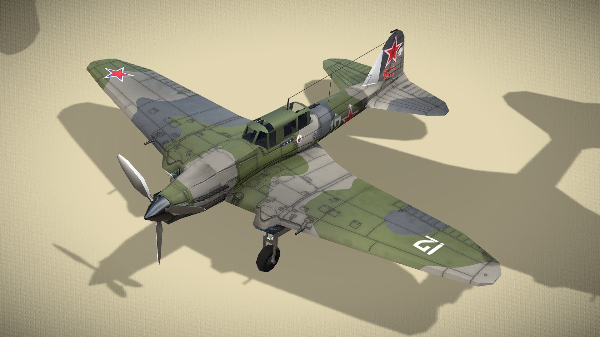 Ilyushin Il-2 Sturmovik

Lowpoly model of soviet fighter plane.



The Ilyushin Il-2 Sturmovik is a ground-attack aircraft produced by the Soviet Union in large numbers during the Second World War. The Il-2 was never given an official name and &lsquo;sturmovik' is the generic Russian word meaning ground attack aircraft.

During the war, 36,183 units of the Il-2 were produced, and in combination with its successor, the Ilyushin Il-10, a total of 42,330 were built, making it the single most produced military aircraft design in aviation history, as well as one of the most produced piloted aircraft in history along with the American postwar civilian Cessna 172 and the Soviet Union's own then-contemporary Polikarpov Po-2 Kukuruznik biplane.



1 standing version and 2 flying versions in set

Model has bump map, roughness map and 3 x diffuse textures



Check also my other aircrafts and cars

Patreon with monthly free model - Ilyushin IL-2 Sturmovik - Buy Royalty Free 3D model by NETRUNNER_pl 3d model