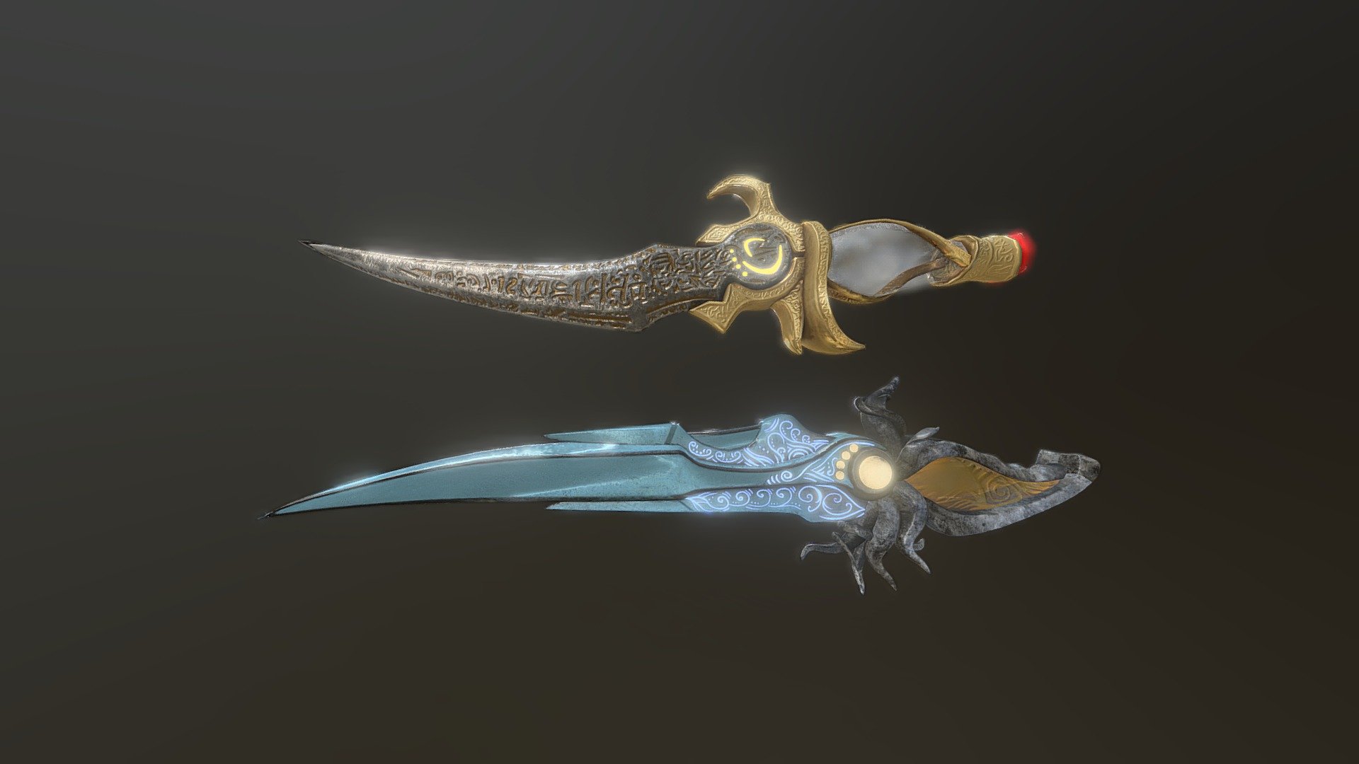Game and movie versions.

The Dagger of Time enables the wielder to reverse, stop, slow, and use various other time-related powers. The mechanism used to activate the Dagger is a blue and gold accented button located in the center of the Dagger's hilt. It, like the Medallion and Staff of Time, protects its wielder from the effects of the Sands of Time. Doubling as a weapon, the Dagger of Time is the only weapon that can harm and recapture Sand Creatures 3d model