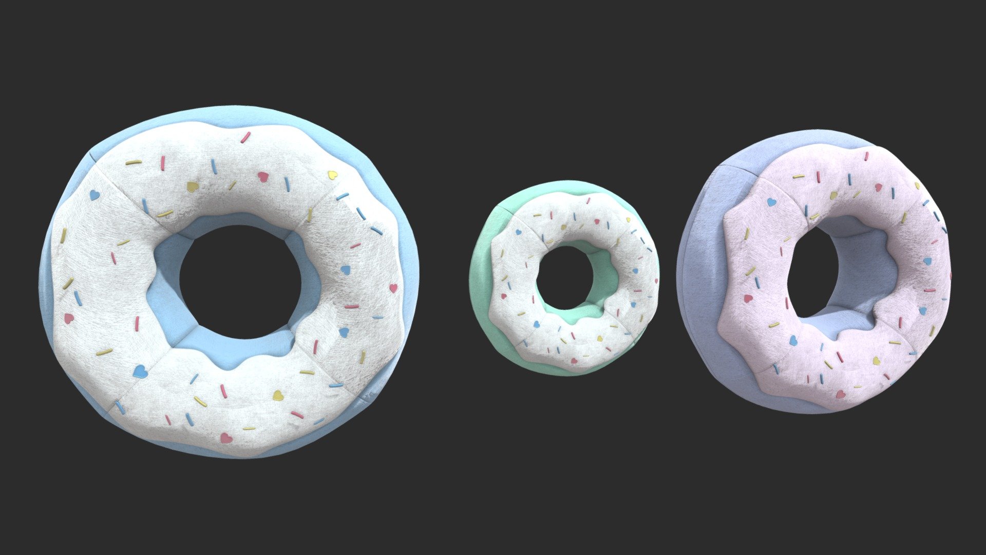 Donut like pillows in 3 color variations, two 70cm diameters and one with 40cm diameters.
(Baked 4K textures)

https://www.busypigeon.net/ - donut pillows - Download Free 3D model by busypigeon3d 3d model