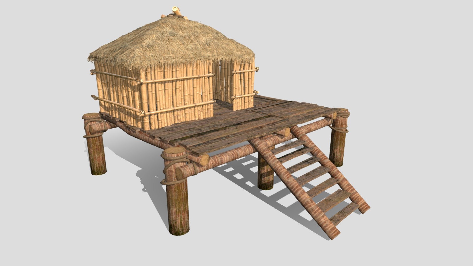 This is a 3D-model of a tropical beach hut made from bamboo, palm trunks and a thatched roof which fits perfectly into your beach/tropical/holiday/shipwreck/… scene or game.
This model was built with the focus on Low-Poly modeling while still having a high quality to allow close-up shots for your scenes.

The object is separated into 9 different parts that you can easily edit:
Bamboo Wall, Bamboo Additional, Boards Floor, Boards Stair, Palm Logs, Roof, Roof_Alpha, Rope Large and Rope Small.

The textures are separated into 6 different parts, each containing Albedo, Normal and Roughness maps.

2k maps: (2048x2048)
-Bamboo_Wall 
-Bamboo_Additional 
-Boards 
-Palm_Logs 

1k maps (1024x1024)
-Roof (contains 1 Alphamap)

512x512 maps
-Rope - Bamboo Beach Hut with thatched roof - Buy Royalty Free 3D model by master_edd 3d model