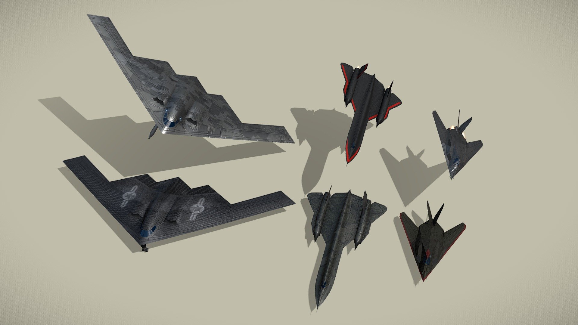 Low poly models of 3 great stealth planes of modern era.# 



Each in 2 color scheme, as standing version and flying.



1. F-117 Nighthawk - attack plane

2. SR-71 Blackbird - reconaissance plane

3. B-2 Spirit - bomber





Models have bump map, and 2 diffuse textures to create two different planes.

Standing version has suspension. Flying has afterburner.

Made with Blender 2.93



Check also my other fighters sets.


Patreon with monthly free model - Modern attack planes set F: 3+3 - Buy Royalty Free 3D model by NETRUNNER_pl 3d model