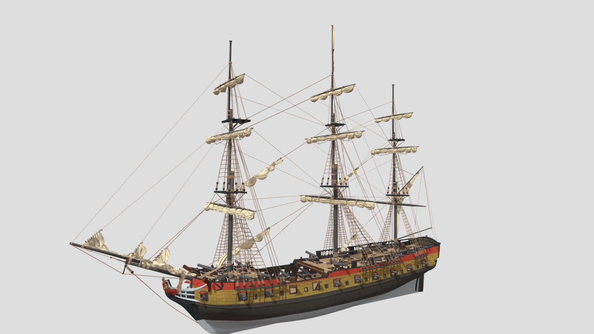 The Aleksander class frigate was the largest Russian archipelago navy class ship in 1790 on the Baltic Sea. Five of these ships took part in the Second Battle of Svensksund on July 9th and were lost (taken over, sunk, or burnt), while eight frigates in total were built during the war of 1788–1790 against Sweden. Aleksandr class frigates had a typical ship rig of the period. Aleksandr class is known as an archipelago or rowing frigate. The hull has nine smaller holes between gun deck main gun ports.

Hull dimensions:
•   Length at waterline: 39.60 m
•   Greatest width (breadth): 9.80 m
•   Greatest depth: 3.6 m

Project ship 01B, Russian Aleksander Frigate Class, Open sails, 9.5.2020, programs: Blender, Substance Painter, UE4

This model was created in the National Museum of Finland project &ldquo;Historia eläväksi digitaalisella tarinankerronnalla