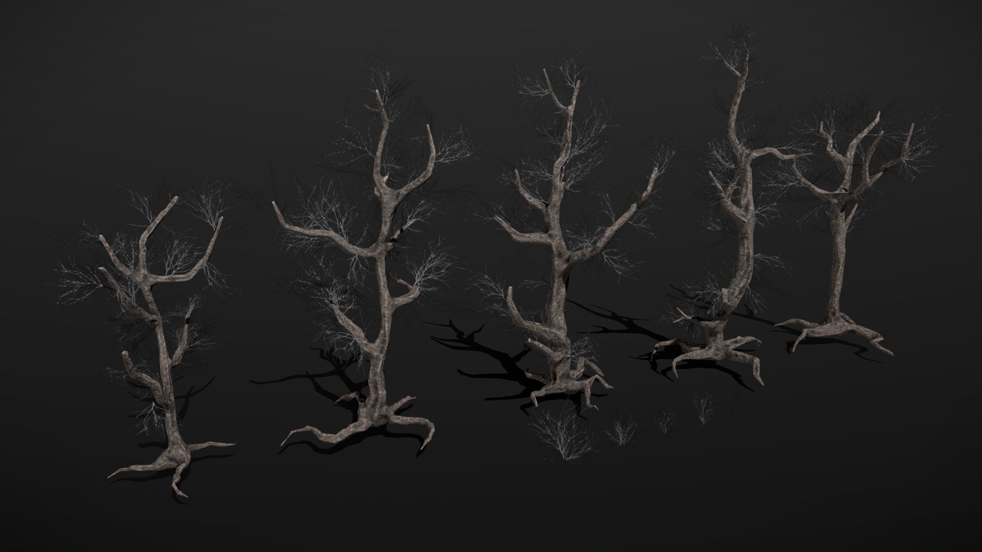 These are low-poly and game-ready dead trees. 

The model comes with several differently colored texture sets. The PSD file with intact layers is included.

Please note: The textures in the Sketchfab viewer have a reduced resolution (2K instead of 4K) to improve Sketchfab loading speed.

If you have purchased this model please make sure to download the “additional file”.  It contains FBX and OBJ meshes, full resolution textures and the source PSDs with intact layers 3d model