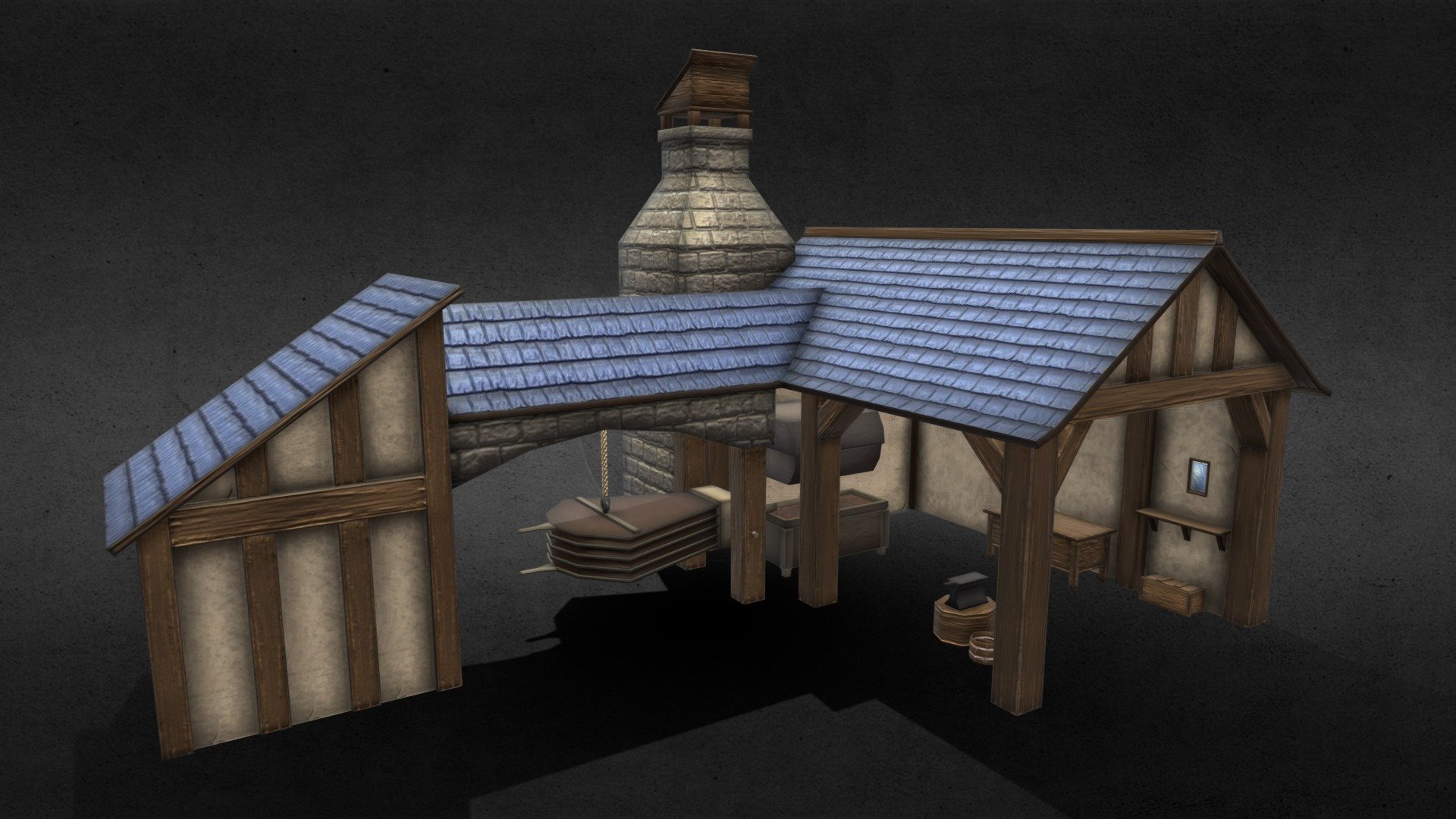 a forge for blacksmith with blue roof tiles 3d model