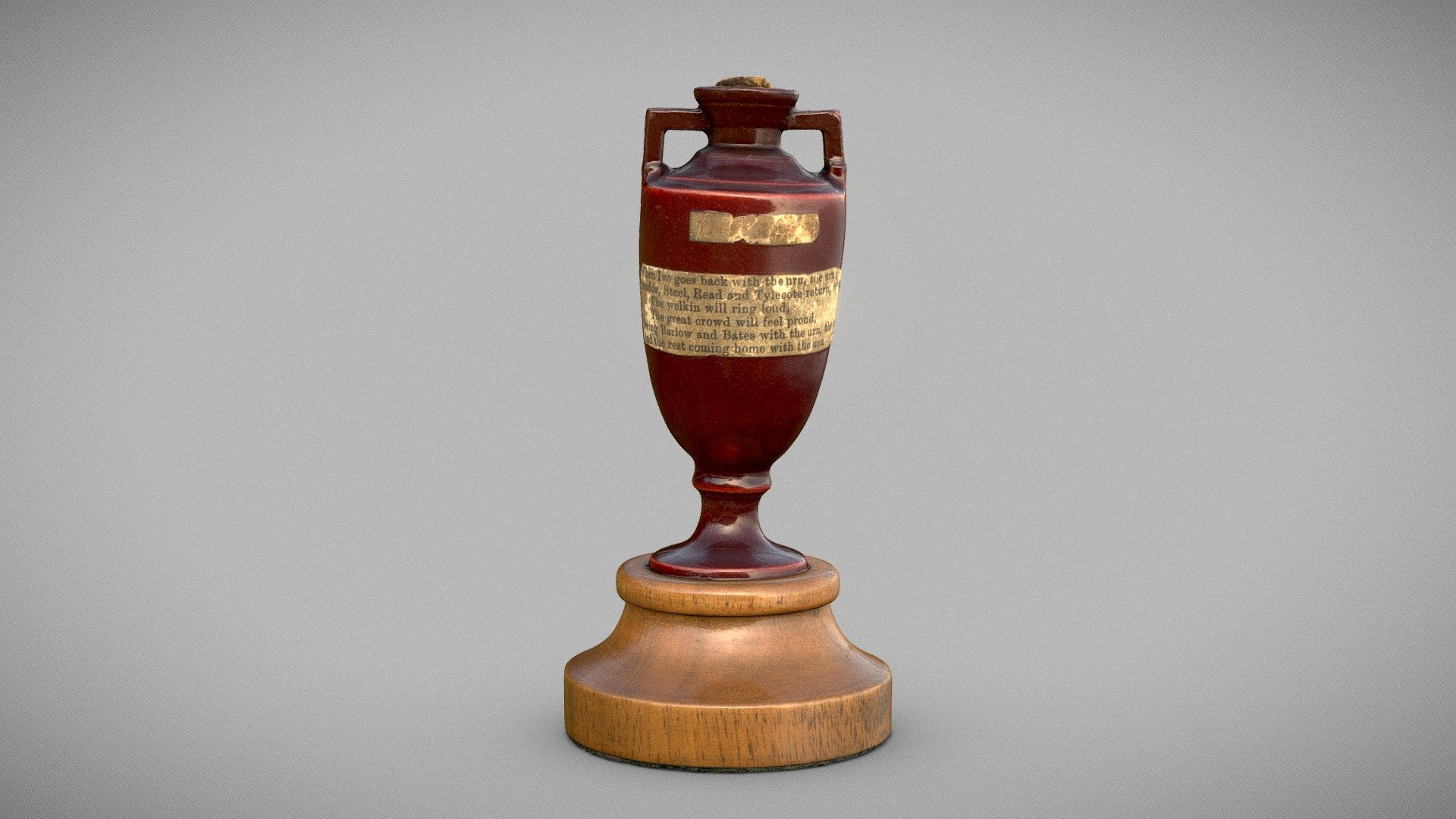 For 137 years, England and Australia’s cricket teams have competed for ownership of ‘The Ashes’. The series of matches is so named following England’s unexpected defeat to Australia in the summer of 1882. A mock obituary in the Sporting Times stated that the body of English cricket would be cremated, and its ashes taken to Australia. During the next test series, played in Australia, a small ‘urn’ was presented to the English captain, Ivo Bligh.

As part of a knowledge-share between the museums, we agreed to use our digitisation studio services to create a 3D model of the MCC Museum's most iconic object - the Ashes Urn.

Known as ‘the Home of Cricket’, Lord’s Cricket Ground contains the world’s oldest sporting museum and library, where much of cricket’s history is preserved and documented. The Ashes Urn forms a centrepiece of the museum and is arguably its most iconic object. https://www.lords.org/lords/our-history/the-ashes

Model optimised by Thomas Flynn of sketchfab.com - The Ashes Urn - 3D model by The Postal Museum (@postal) 3d model