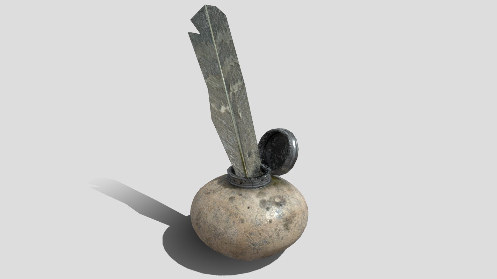 This is a well used, rather dirty, antique inkwell with a feather quill ready to scroll 3d model