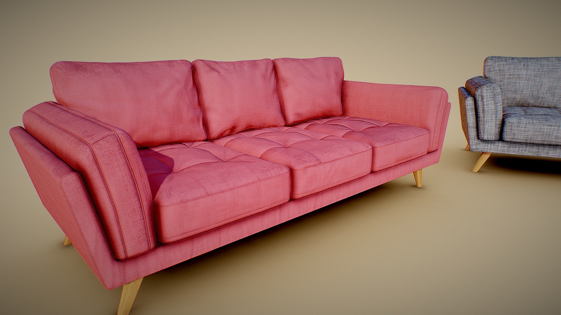 Modern 3 Seater Couch

Low-poly mesh optimised for use in game-engines and real-time arch-viz. Uses 4K normal map on sketchfab (75mb limit) but, a 8k version will be included in the zip. 
Upholstry colour can be adjusted.
Dirt maps are included to add wear &amp; tear for a more realistic or aged look.

Made in Blender 3d model
