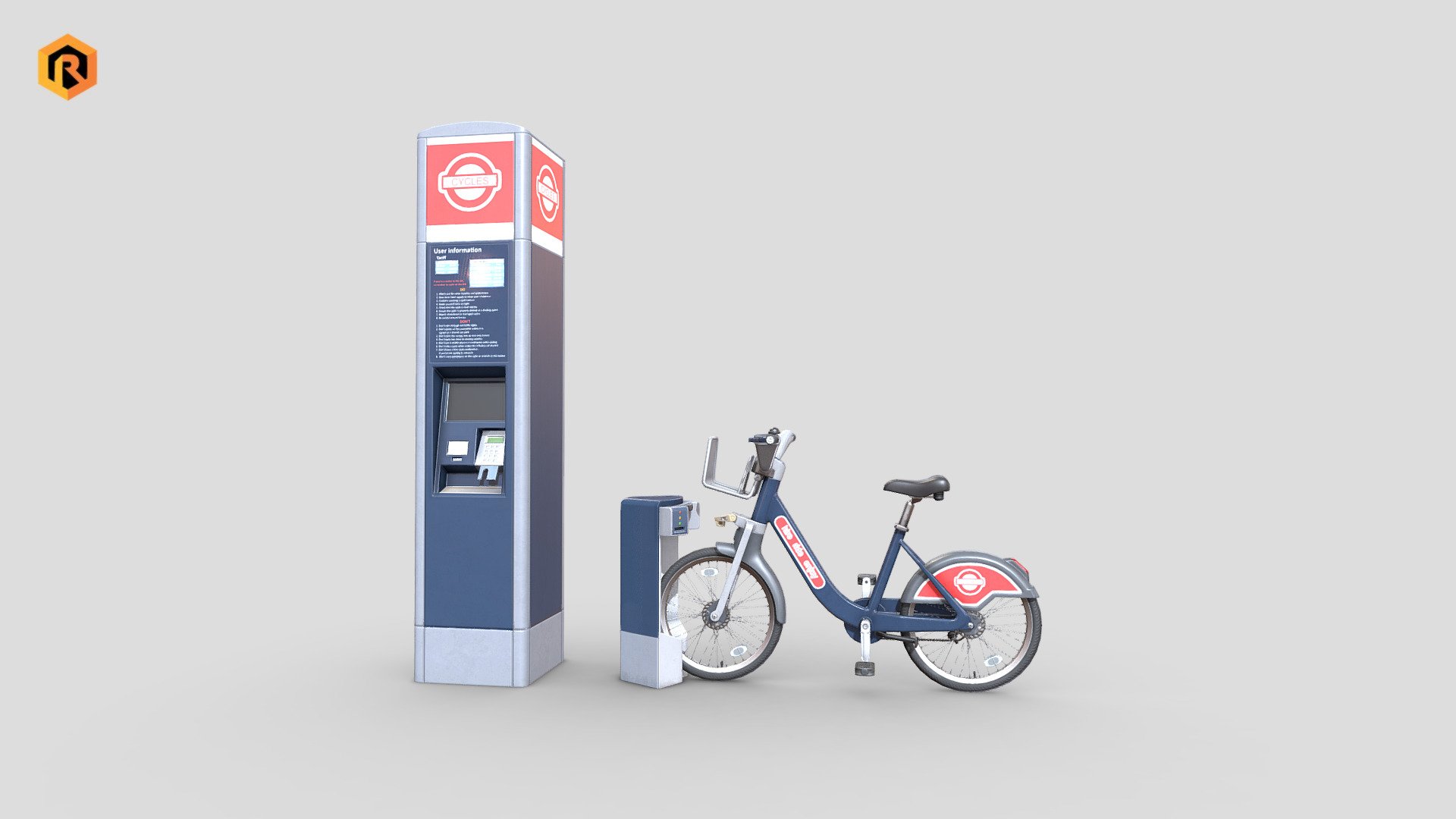High-quality low-poly PBR 3D models of a Public Bicycle hire scheme.

The collection includes 3 models: Public Cycle, Docking Station and The Terminal.
These vehicles are widely used form of urban transport in a lot of cities.

Many bike share systems allow people to borrow a bike from a &ldquo;dock