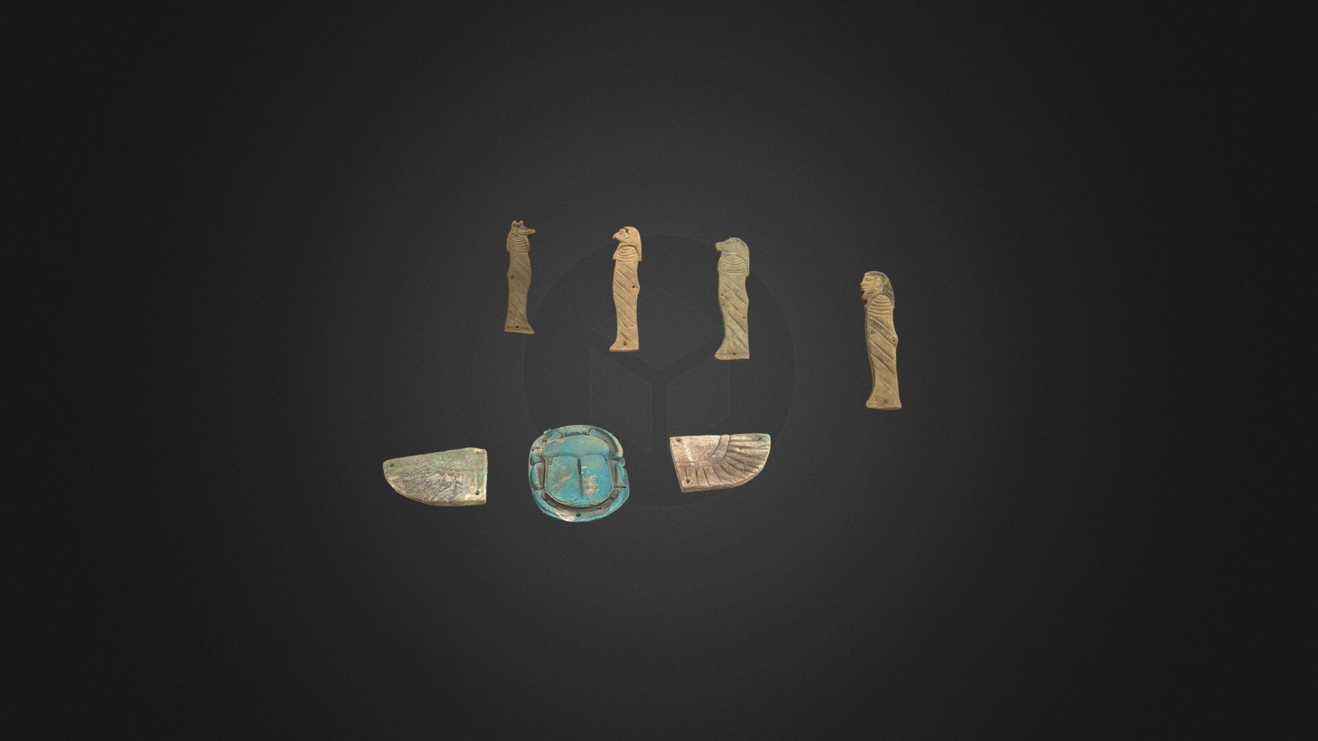 Sons of Horus Amulets: RAFFMA EG.01.008.2021 Third Intermediate Period (ca. 1070-945 BCE). faience. 8 cm tall. Ex collection Harer, gift in 2021

https://www.csusb.edu/raffma/art/detail?objectId=1394071&amp;size=0

Winged Scarab Pectoral: RAFFMA, EL.01.150.1996 Third Intermediate Period (ca. 1070-945 BCE) faience 18 cm wing to wing 7.5 cm tall On loan Harer Family Trust Collection.

3D Model, Authors: Bryan Kraemer, Zina Verduzco Photographs: Canon EOS 80D Software: Agisoft Metashape - Scarab Pectoral and Sons of Horus (RAFFMA) - 3D model by raffmacsusb 3d model