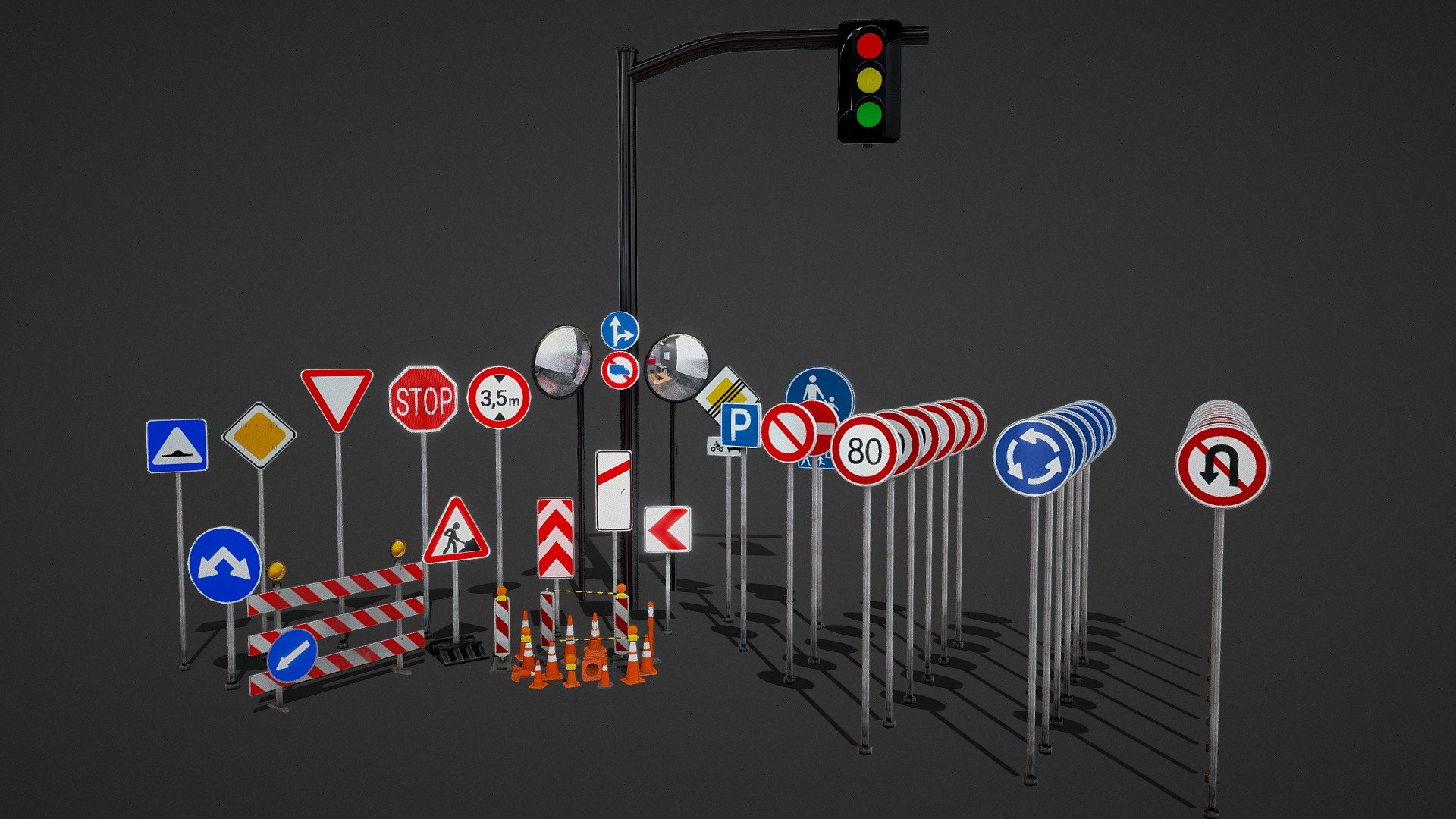 Traffic Signs or Road Signs are signs erected at the side of roads to provide information to road users. Pictorial signs are used as symbols in place of words. As control devices for traffic, signs need full attention, respect and adequate driver's response 3d model