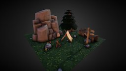 Camping Scene scene, tent, camping, rocks, stylised, cliffs, campfire, handpainted, 3d-coat