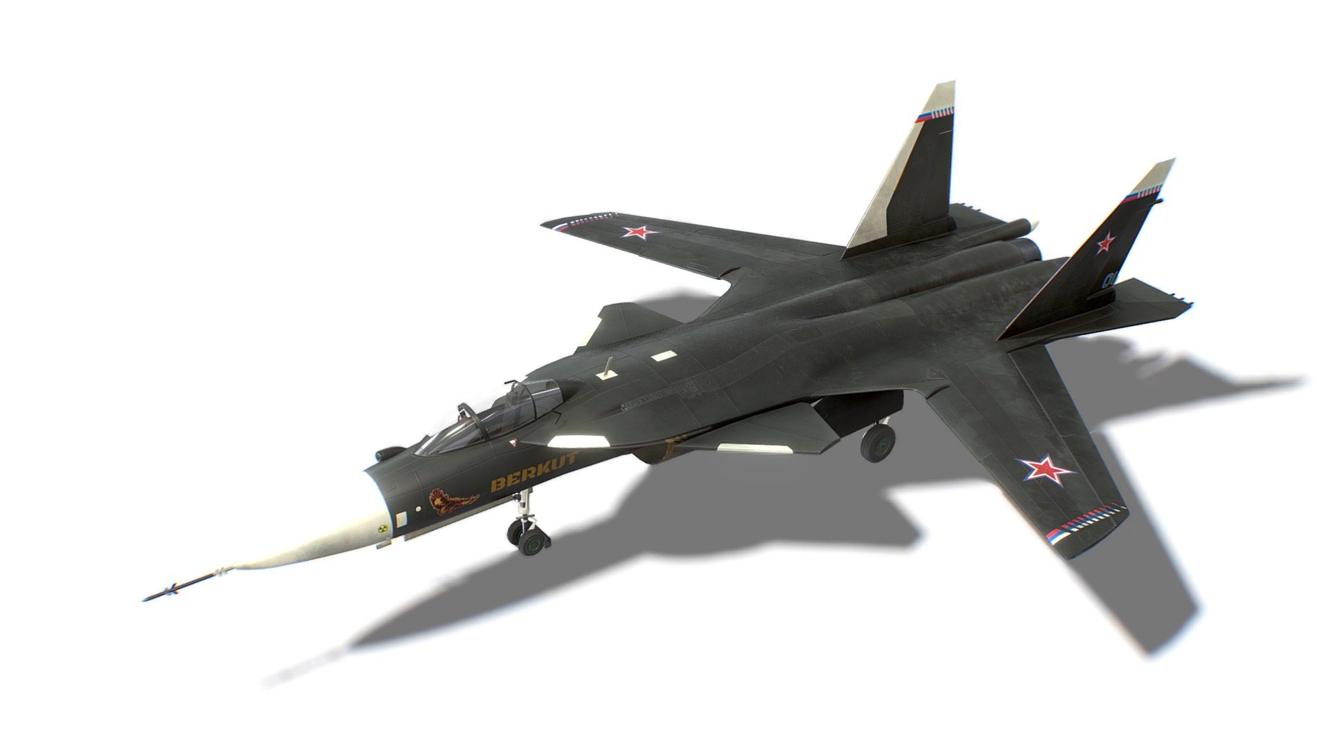 The model looks like a SU-47 Firkin. All parts of the model were made in full accordance with the original. Each dynamical part is separated and has correct pivot points, that allow easy animation and use in games. 

Advanced information:
- single material for whole mesh;
- set of 4K PBR textures;
- set of 4K Unreal PBR textures;
- set of 4K Unity PBR textures;
- set of 4K CryEngine PBR textures;
- FBX, DAE, ABC, OBJ and X3D file formats;
- 4 level of details;

Mesh details:
LOD0 - 13235
LOD1 - 6616
LOD2 - 3308
LOD3 - 299 - SU-47 Firkin Jet Fighter Aircraft - 3D model by FreakGames 3d model