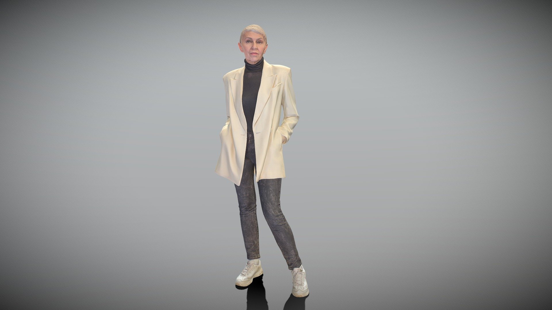 This is a true human size and detailed model of a beautiful mature woman of Caucasian appearance dressed in casual style. The model is captured in casual pose to be perfectly matching for various architectural, product visualization as a background character within urban installations, city designs, outdoor design presentations, VR/AR content, etc.

Technical specifications:


digital double 3d scan model
150k &amp; 30k triangles | double triangulated
high-poly model (.ztl tool with 5 subdivisions) clean and retopologized automatically via ZRemesher
sufficiently clean
PBR textures 8K resolution: Diffuse, Normal, Specular maps
non-overlapping UV map
no extra plugins are required for this model

Download package includes a Cinema 4D project file with Redshift shader, OBJ, FBX, STL files, which are applicable for 3ds Max, Maya, Unreal Engine, Unity, Blender, etc. All the textures you will find in the “Tex” folder, included into the main archive.

3D EVERYTHING

Stand with Ukraine! - Business woman with short hair 382 - Buy Royalty Free 3D model by deep3dstudio 3d model