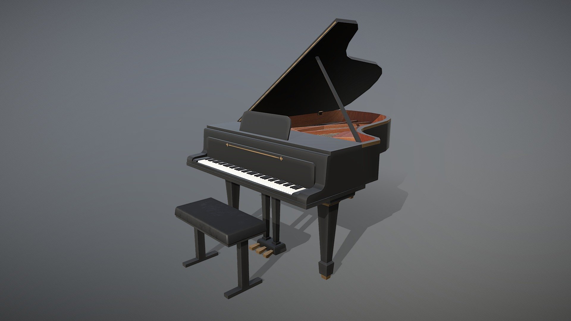 Simple model of a grand piano. Game ready model including textures. 
The piano was modeled in Maya, textured in Substance 3D Painter and rendered in Sketchfab.

File in .obj with 1 material consisting of:




Base Color

Metalic

Roughness

Ambient Occlusion
 - Instrument - Grand Piano - Buy Royalty Free 3D model by Emmy (@emmy_l) 3d model